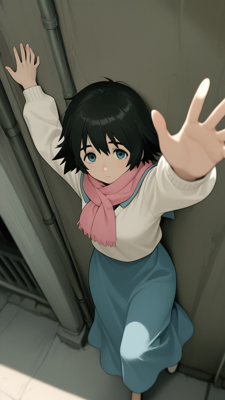 An anime illustration of Shiina Mayuri from Steins;Gate, viewed from above as she floats upside down in a narrow alley. She wears a school uniform with a pink scarf and has her arms outstretched.