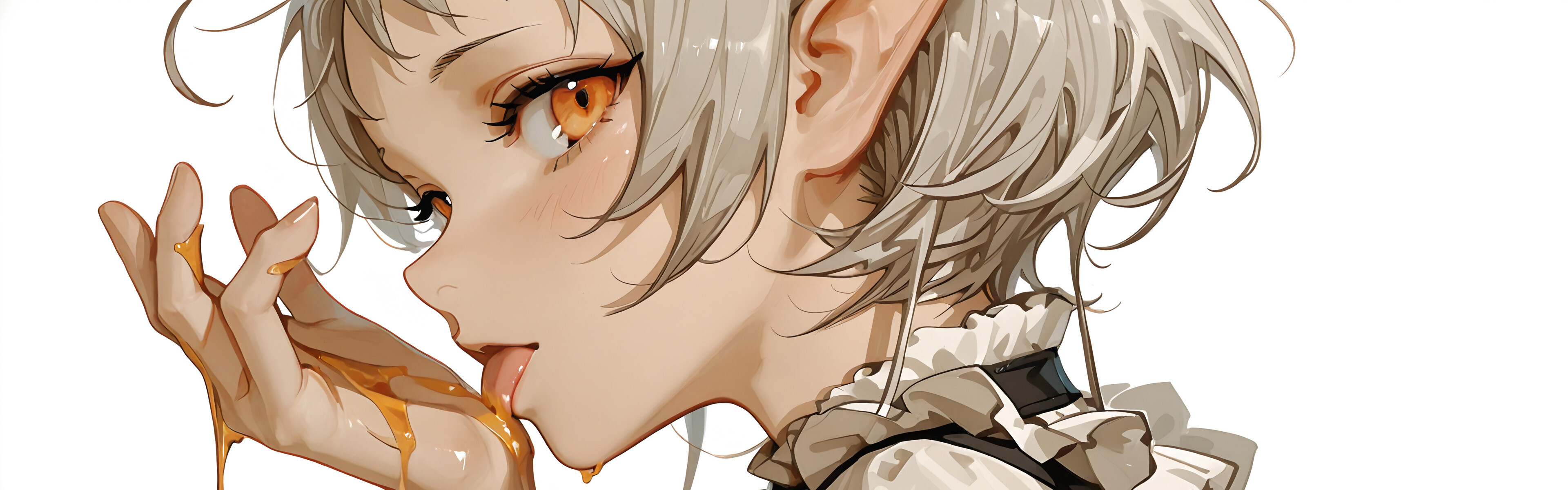 An illustration of Sylphiette, an elf girl with short grey hair and orange eyes from Mushoku Tensei, licking golden honey from her fingers against a white background.