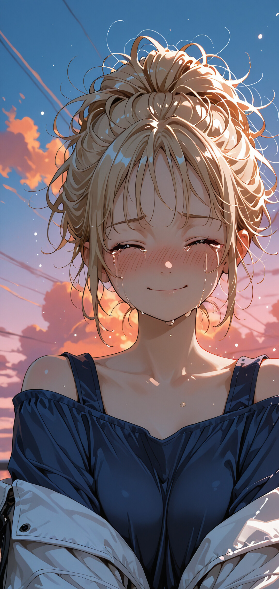 An anime girl with messy blonde hair in an updo, crying with a happy smile against a beautiful sunset sky with pink and orange clouds.