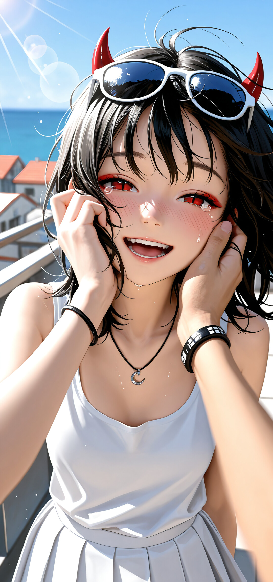 An anime-style girl with short black hair, red eyes, and small red devil horns, smiling with tears of joy as a hand caresses her cheek. She is on a sunny rooftop overlooking a seaside town.