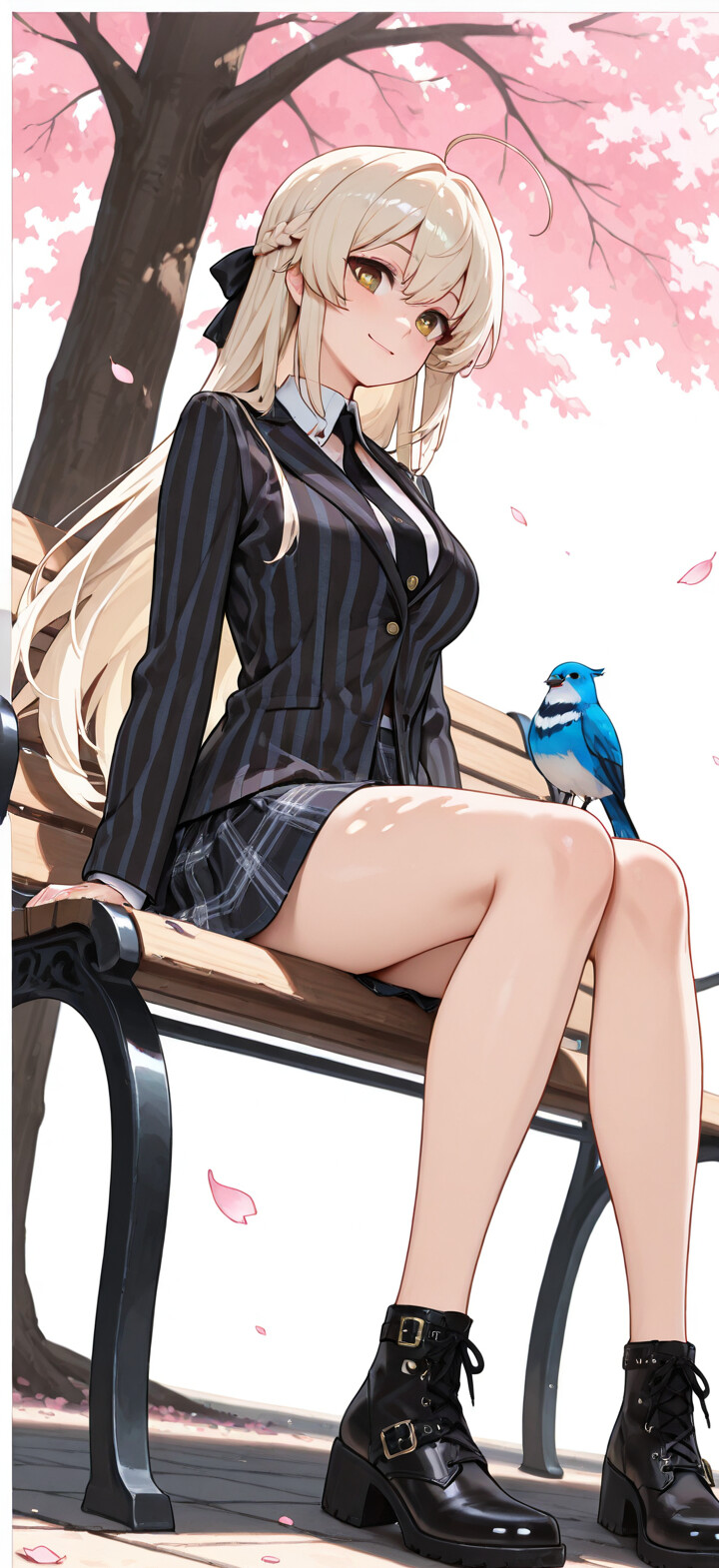 Full-body illustration of Tendou Arisu from Blue Archive sitting on a brown park bench. She has long blonde hair, a halo, and wears a black striped jacket with a green plaid skirt and black boots. A large cherry blossom tree is behind her, and two small blue birds sit on the bench.