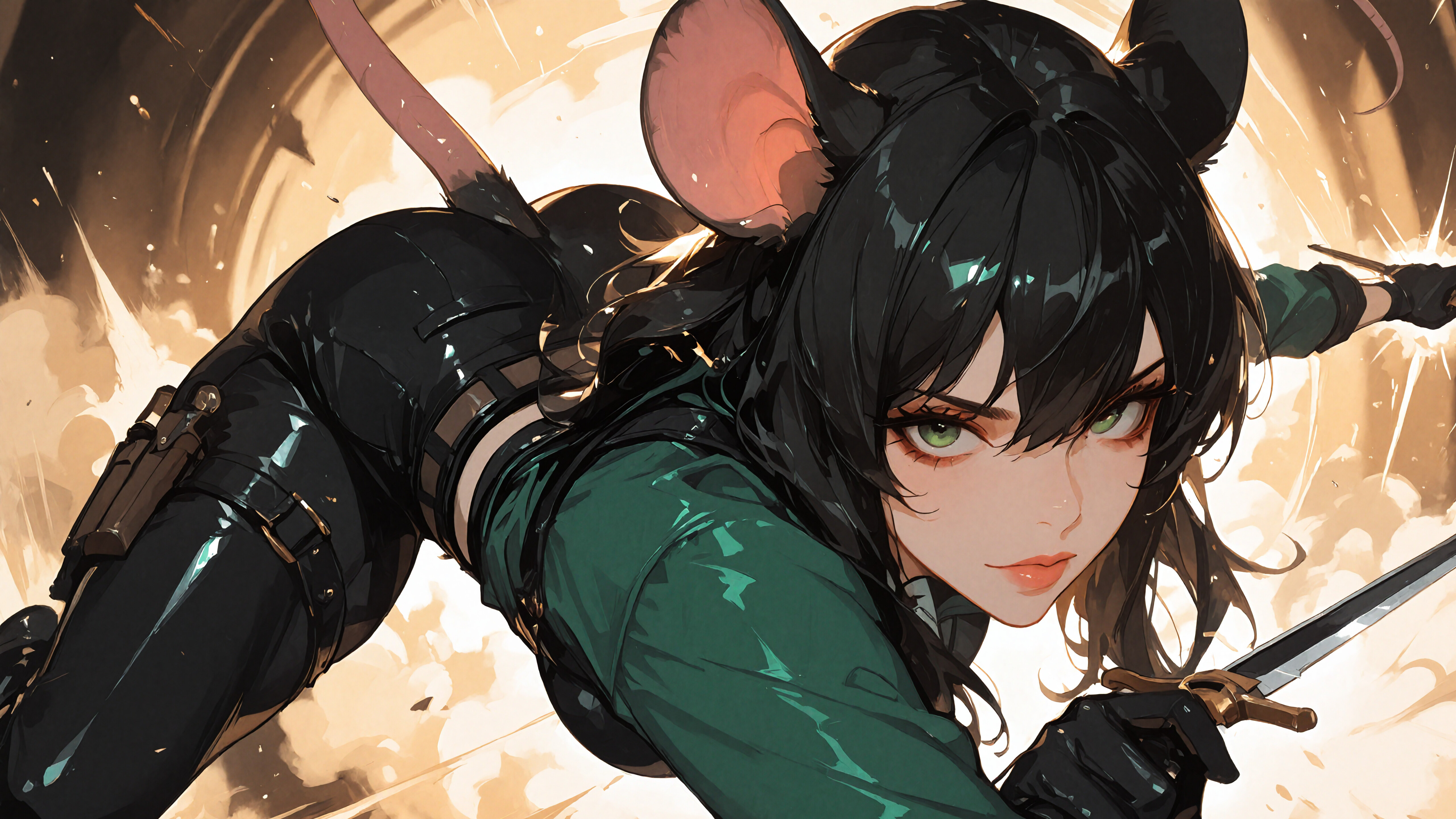 A female anime character with black hair, green eyes, large mouse ears, and a long mouse tail, dressed as a rogue in a green shirt and black pants, lies on a white tiled floor looking directly at the camera.