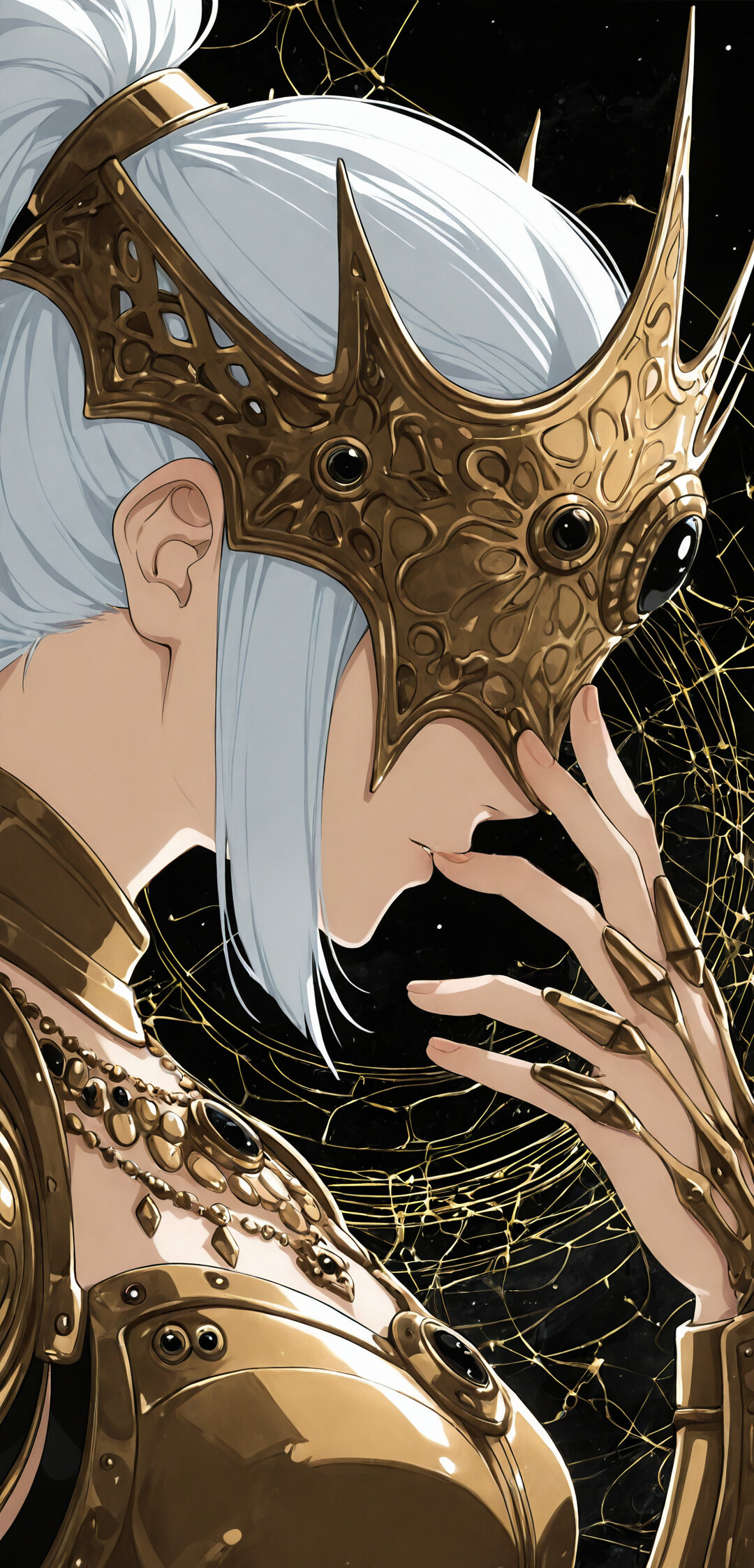 A side-profile illustration of Justicar Syndra from League of Legends. She has long white hair in a ponytail and wears ornate golden armor and a spiky crown with blue gems. Her armored hand is raised to her face in a sorrowful or thoughtful pose.