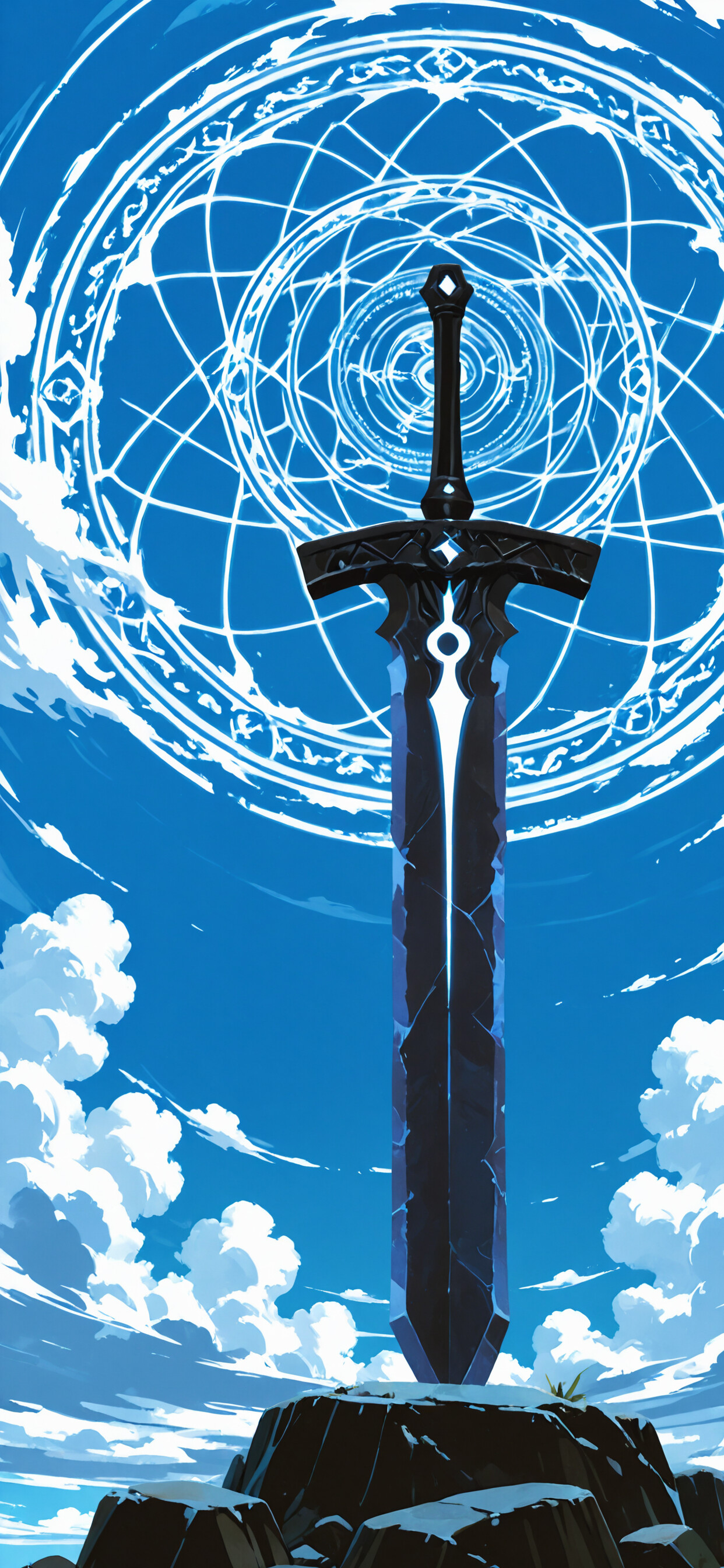 A low-angle view of a giant, dark stone sword plunged into the ground. A glowing cyan line runs down its center, and a large, intricate blue magic circle glows in the sky above its hilt, surrounded by white clouds.