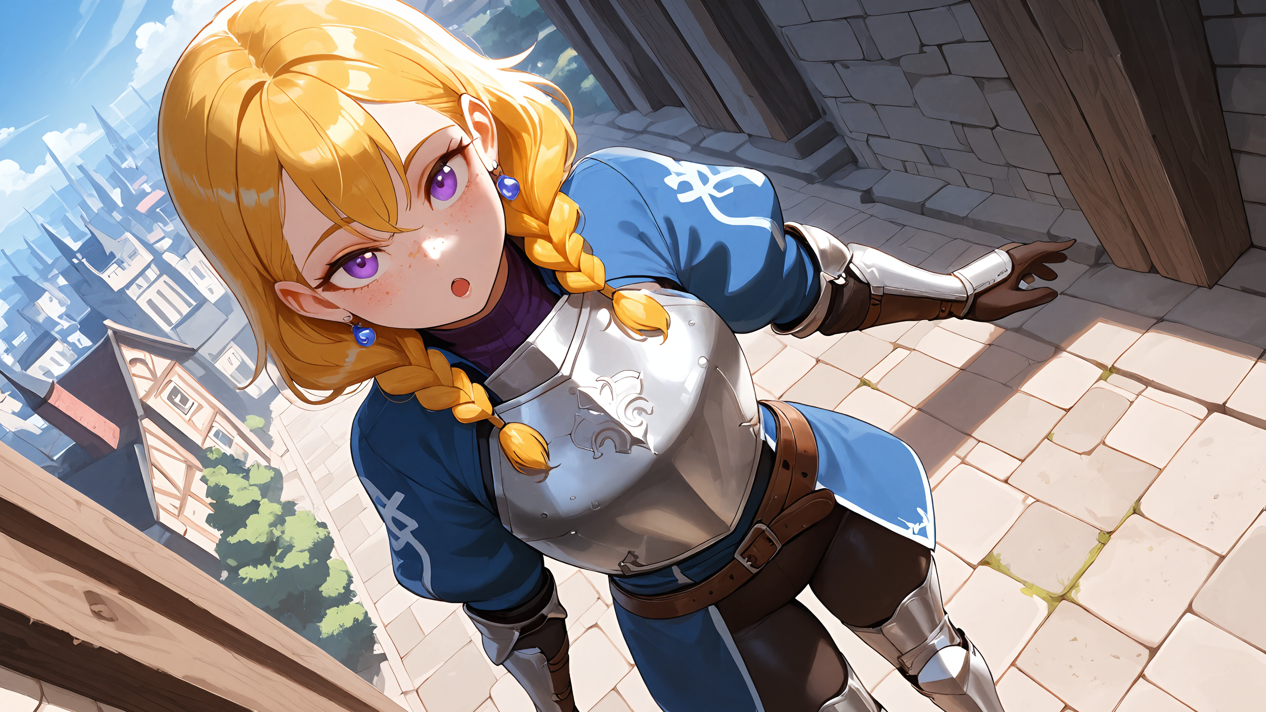 A young female knight with blonde braids and purple eyes, wearing silver armor over a purple tunic, stands on a stone bridge in a medieval city, smiling up at the viewer.
