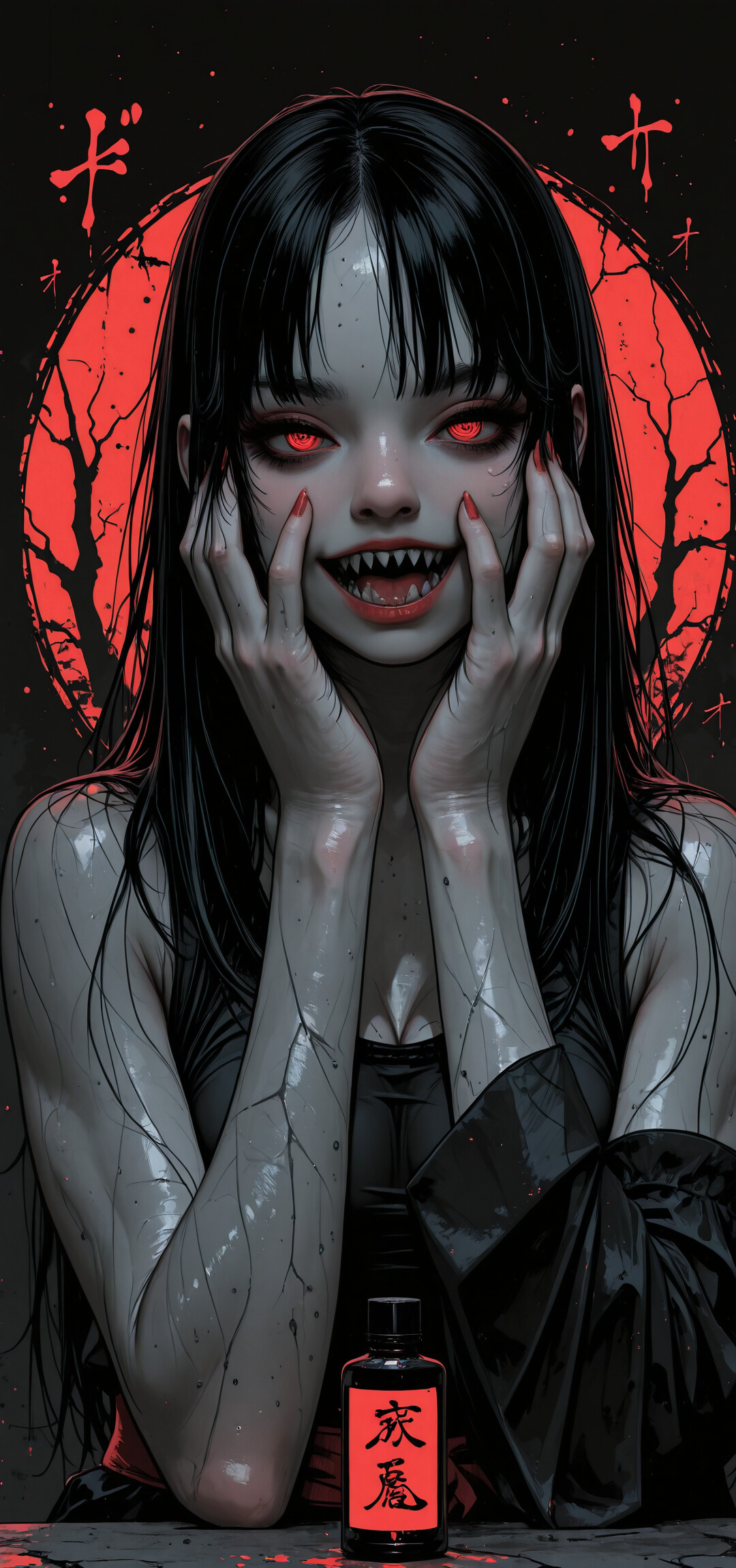 A close-up illustration of a horror-themed woman with long black hair and glowing red eyes. She has her hands on her cheeks, forcing a wide, menacing smile that shows off her sharp fanged teeth. Her skin is pale and cracked, and she wears dark Japanese-style clothing against a black background.