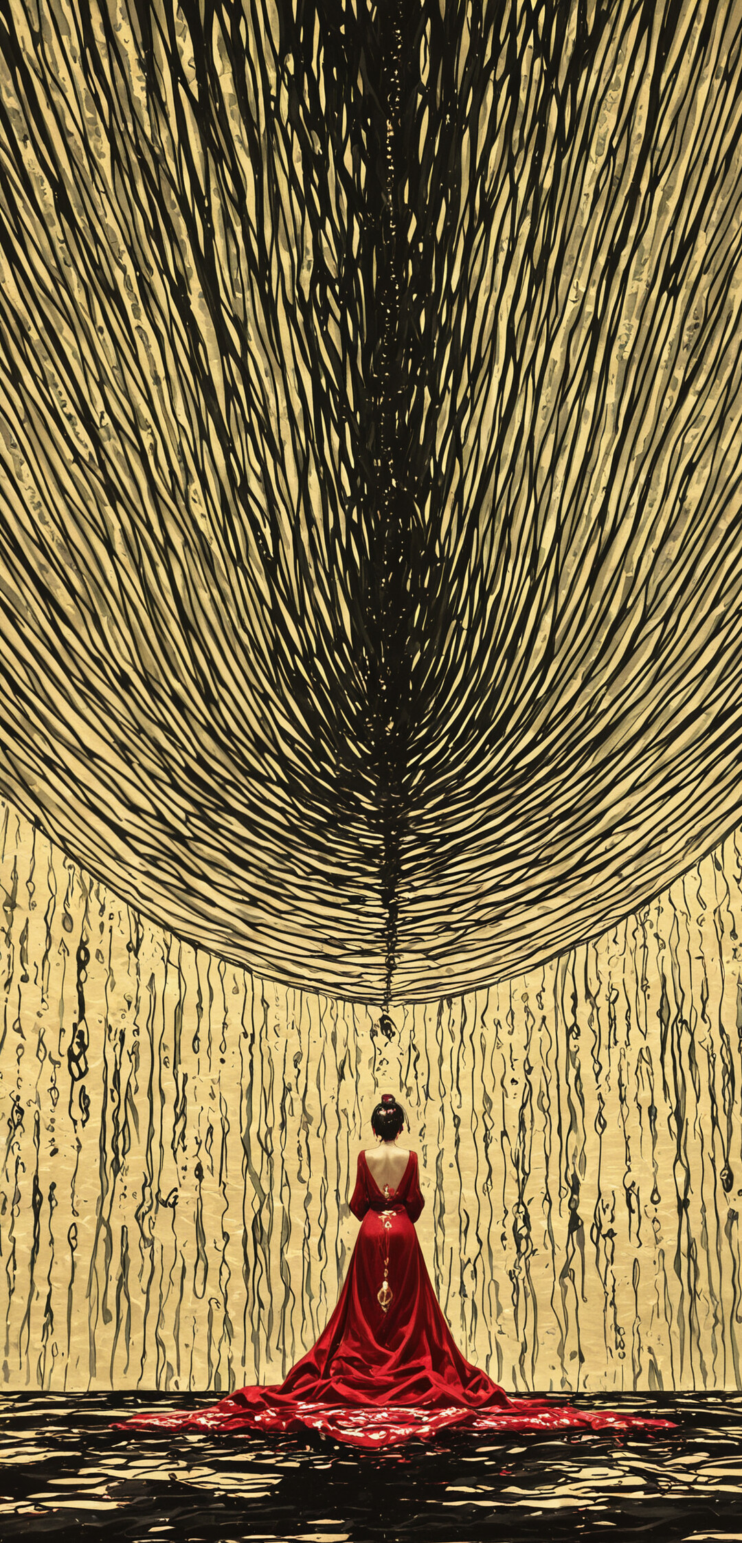 A woman in a vibrant red Japanese kimono stands from behind on a stone path, facing a massive, symmetrical abstract artwork with a golden background and intricate, raised black patterns resembling a giant tree and its reflection.
