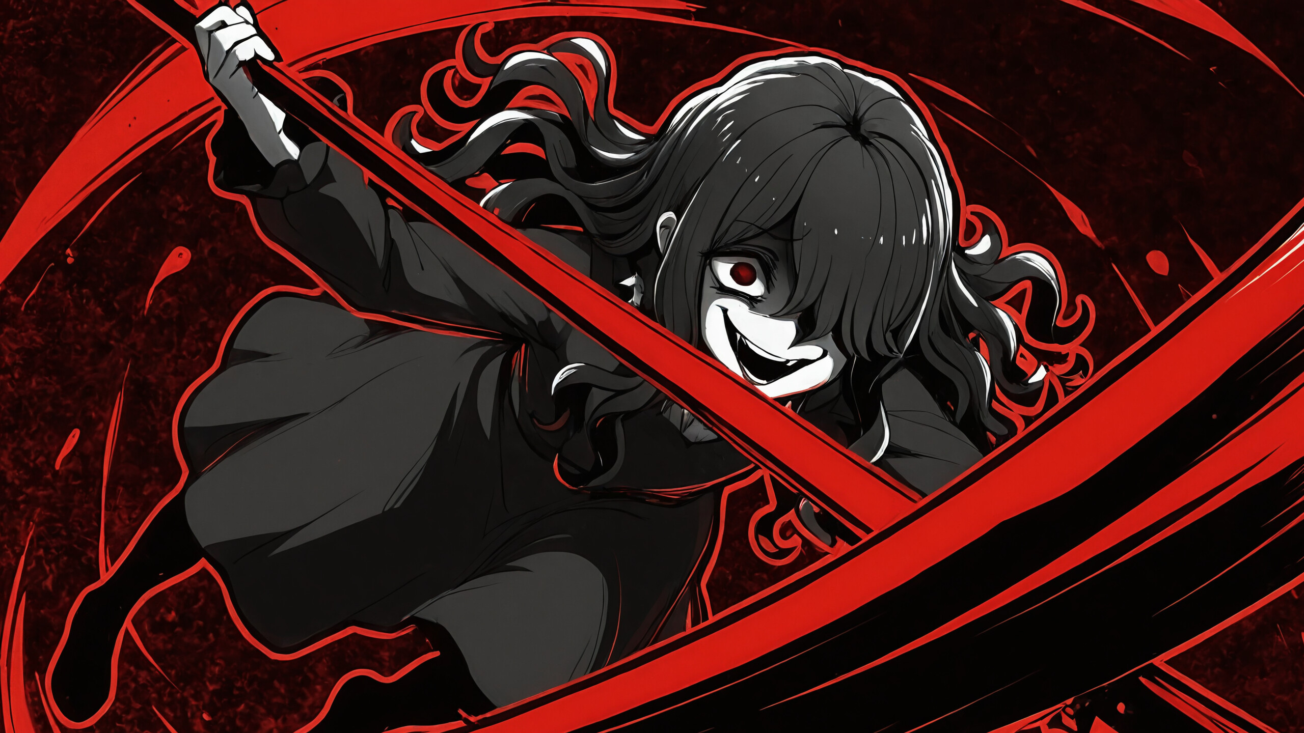 A full-body illustration of a menacing anime-style woman in a black dress, holding a large red scythe and smiling sinisterly against a red and black background.