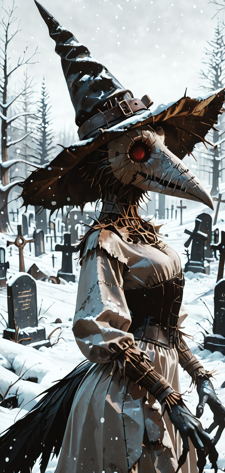 A female character resembling Eileen the Crow, with a plague doctor mask and a witch hat, kneels in a snowy graveyard. She is dressed in a white gown and black corset, with arms adorned with black feathers.