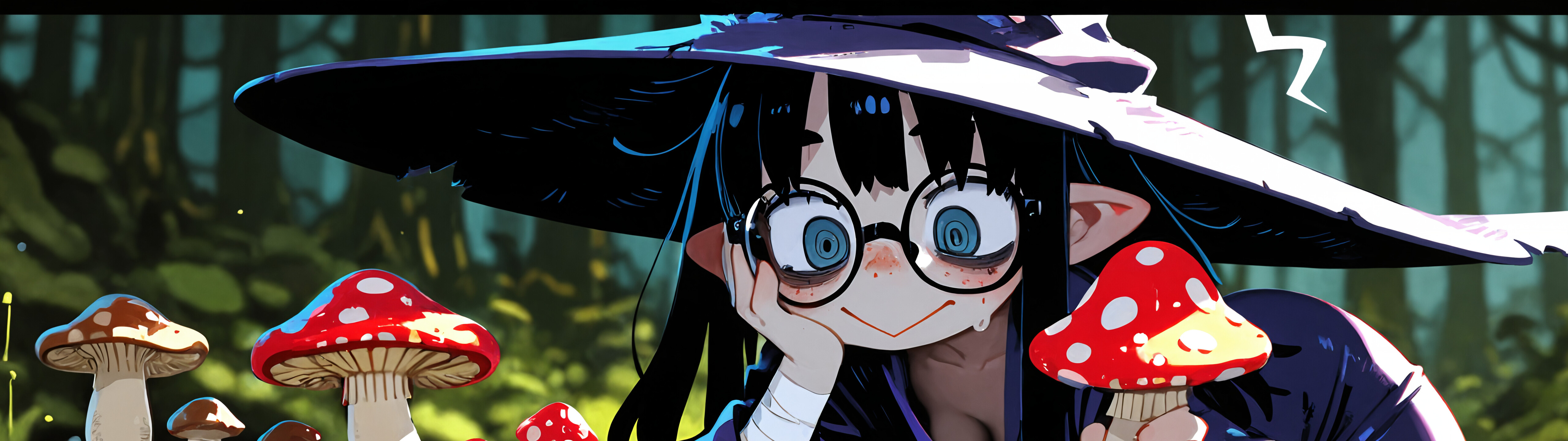 An anime-style illustration of a young witch with pointy ears, black hair, and large glasses with spiral-patterned eyes. She wears a purple witch hat and is holding a large red and white mushroom in a forest.