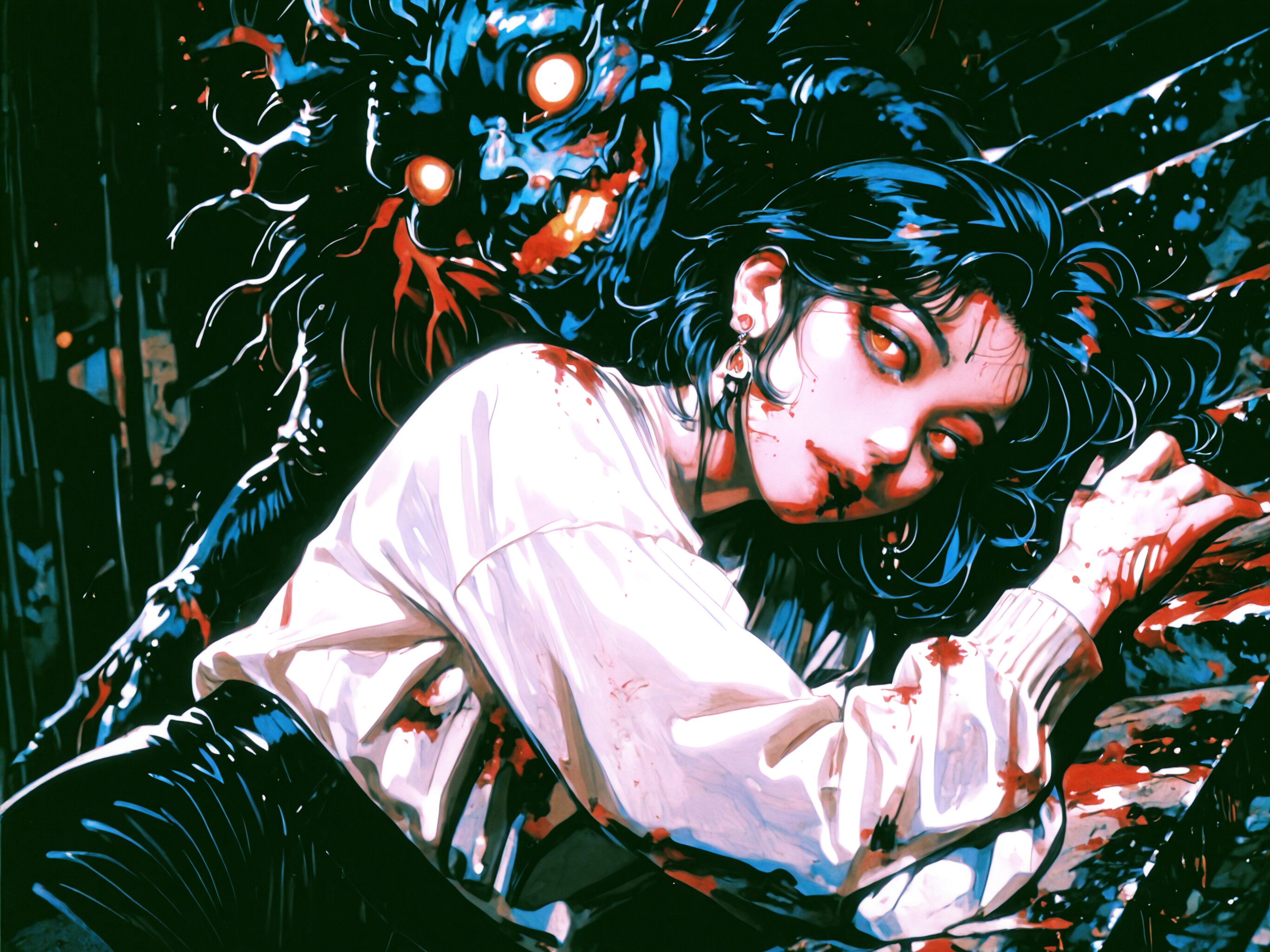 An anime-style horror illustration of a woman with dark hair and yellow eyes, covered in blood. Behind her looms her monstrous, fanged alter-ego with glowing eyes in a dark, eerie setting.