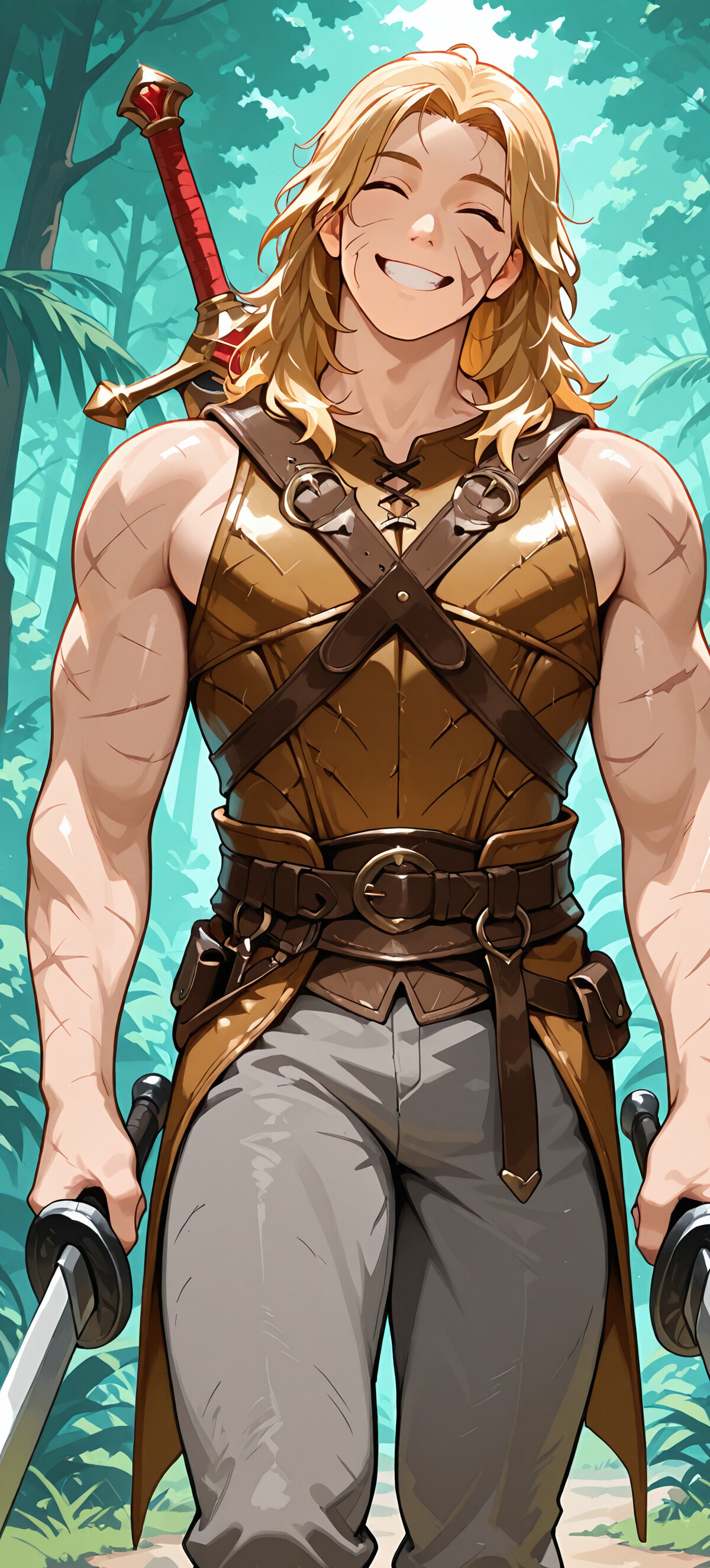 A muscular young man with long blond hair and a big, happy smile, wearing brown leather armor and holding two swords in a green forest.