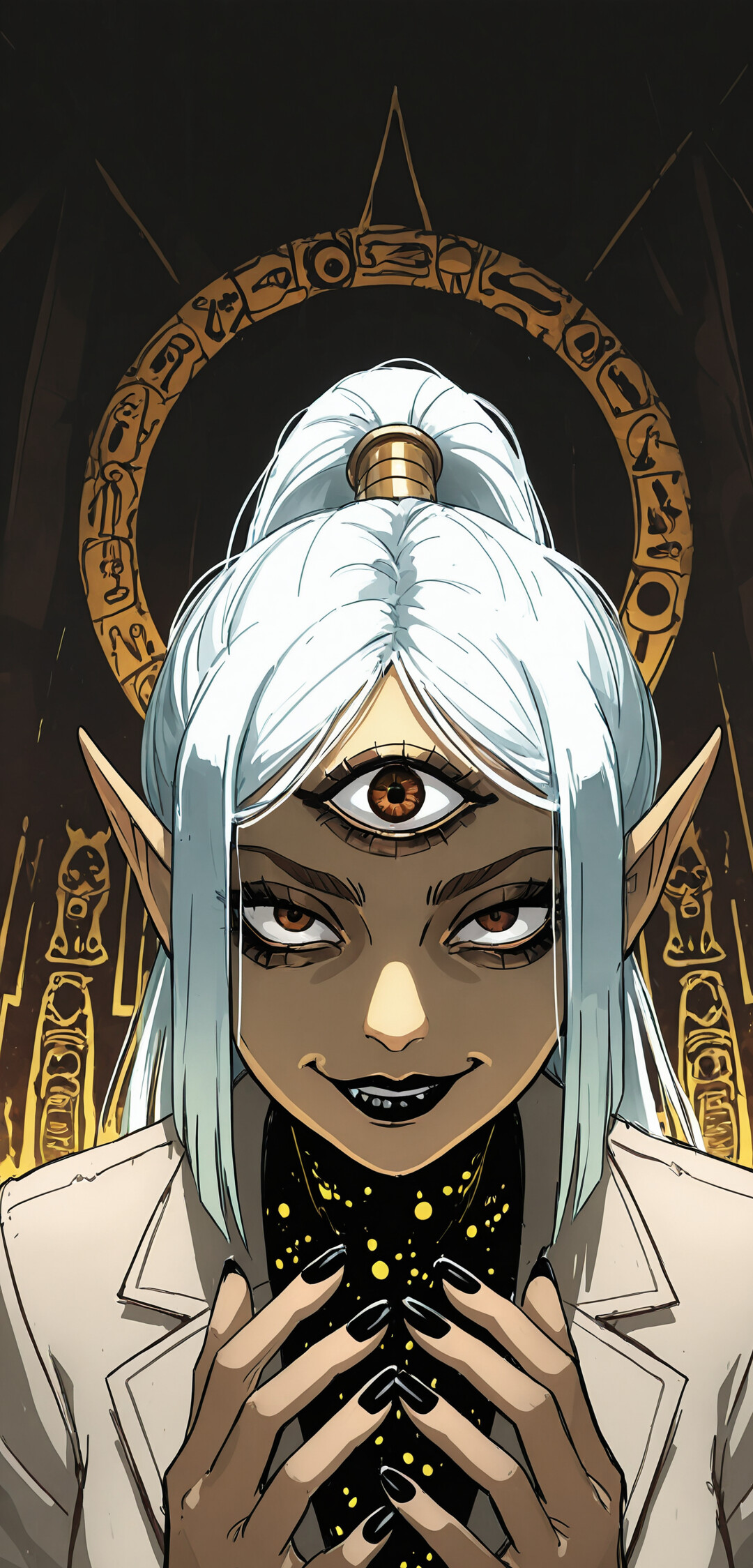 A sinister-looking elf woman with white hair and a white suit holds a grotesque, red, three-eyed disembodied head inside a dark, ancient tomb with hieroglyphics on the walls.