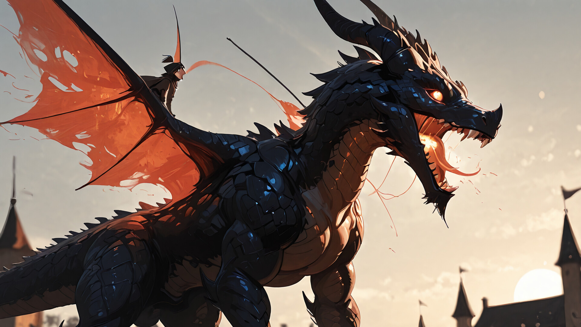 A large, serpentine dragon, glowing with fire and flames, perches majestically on the highest tower of a dark, gothic castle at dusk.