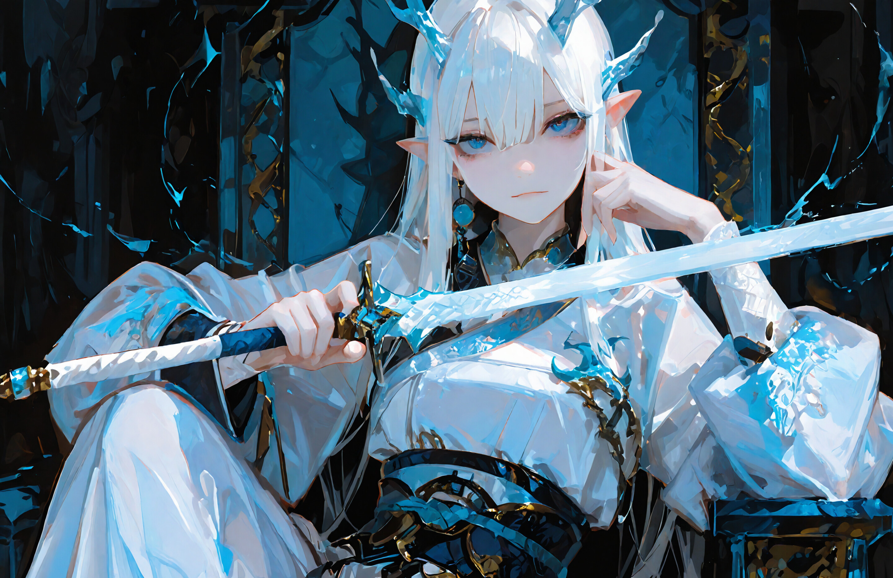 A white-haired anime woman with blue dragon horns and blue eyes sitting on a dark throne. She wears a light blue and white outfit and holds a translucent blue sword across her shoulders.