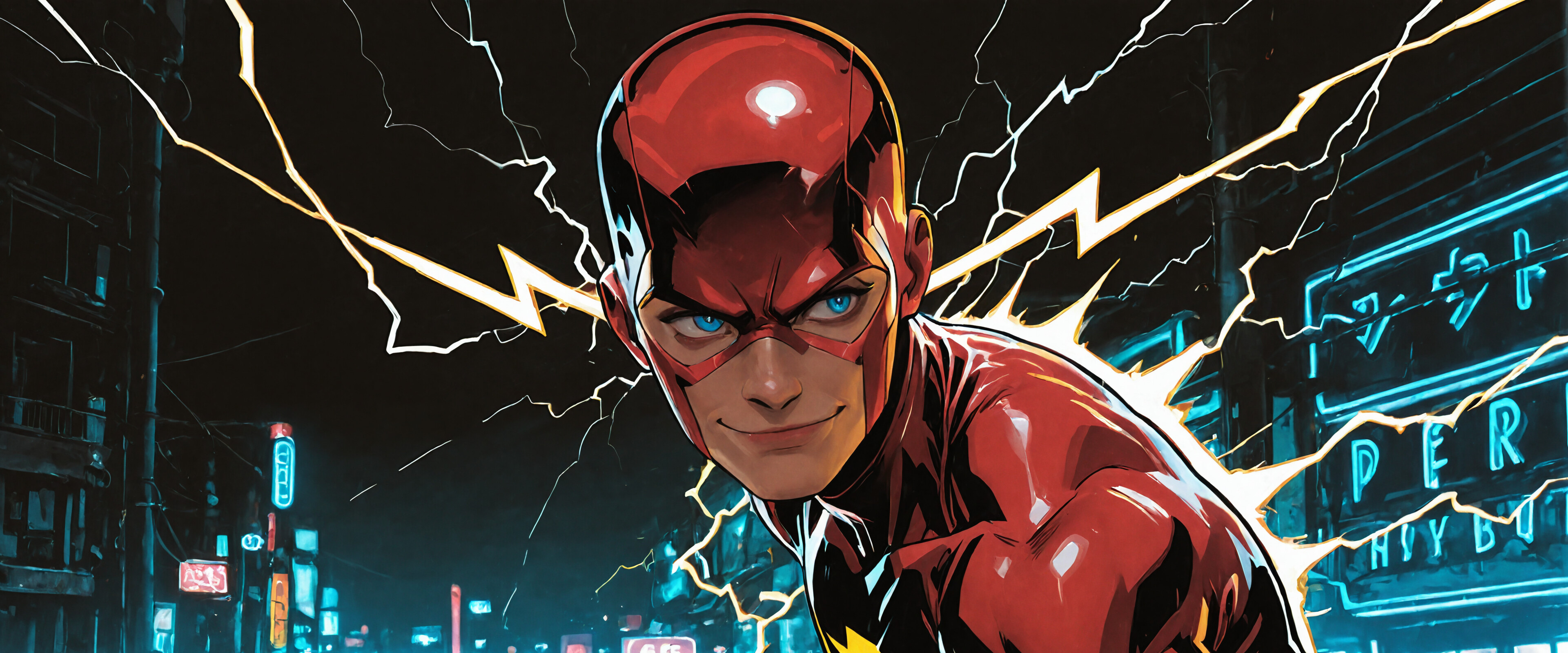 A young female superhero with short blonde hair and blue eyes, smiling in a shiny red and yellow suit against a dark city backdrop filled with neon lights and yellow lightning.