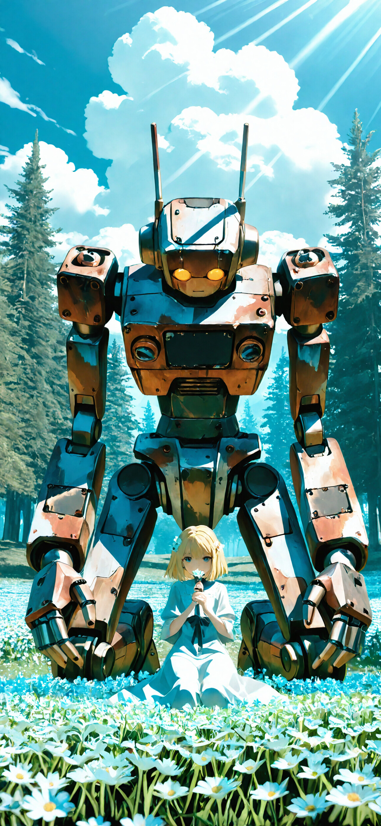 An anime-style illustration of a young blonde girl in a white dress kneeling in a field of flowers, looking up at a giant, rusty robot under a bright, sunny sky.