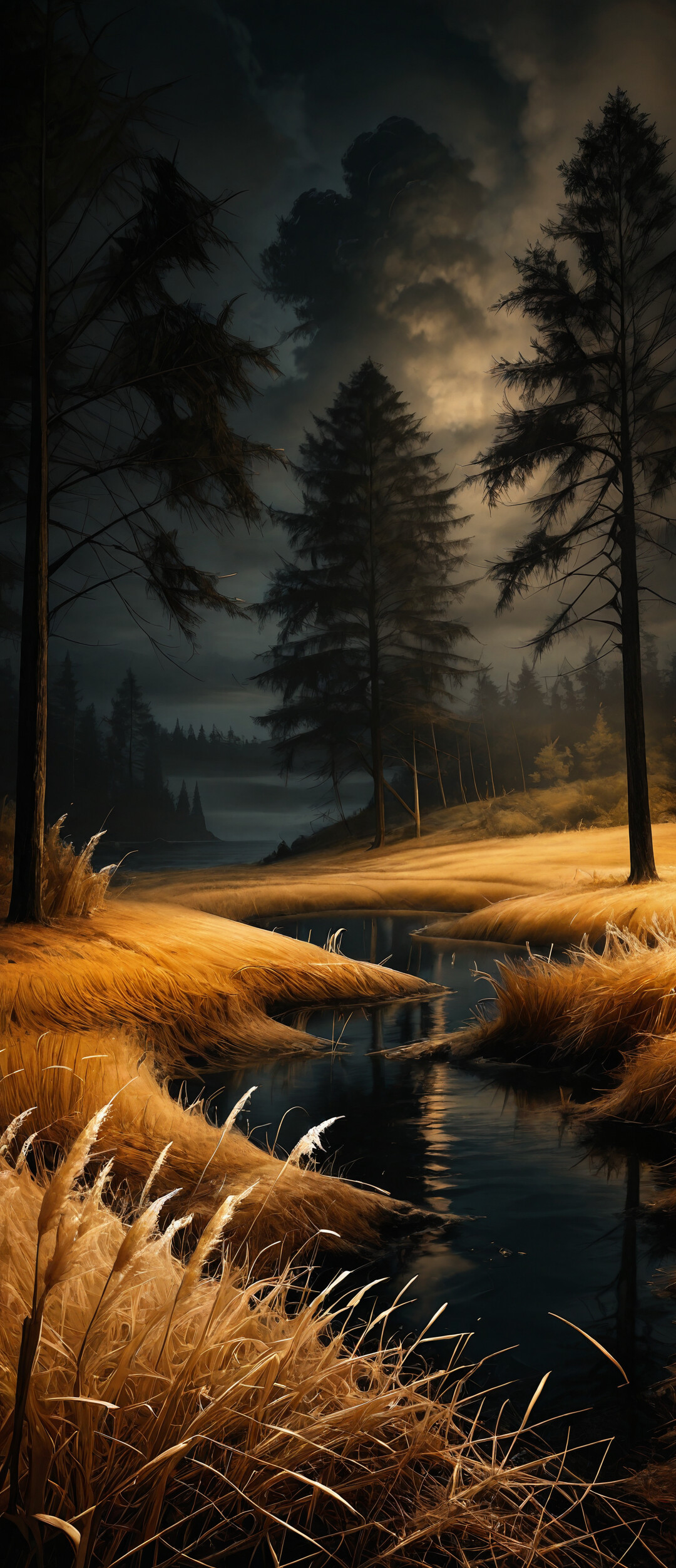 A painterly image of a dirt path winding through a golden field of tall grass towards the ocean, framed by dark pine trees under a cloudy night sky.