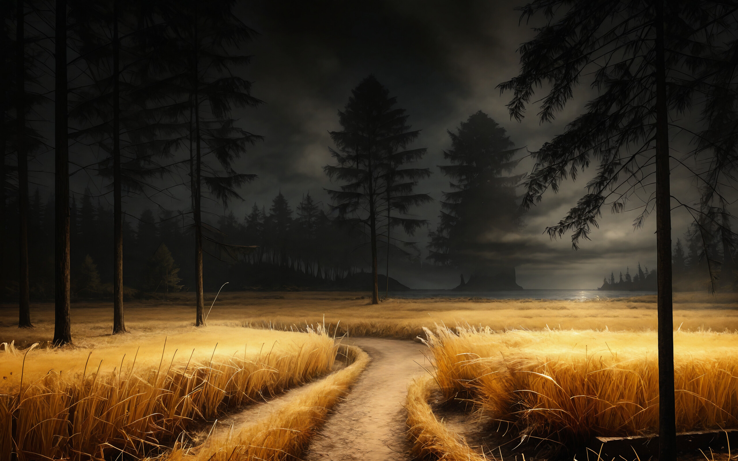 A painterly image of a dirt path winding through a golden field of tall grass towards the ocean, framed by dark pine trees under a cloudy night sky.