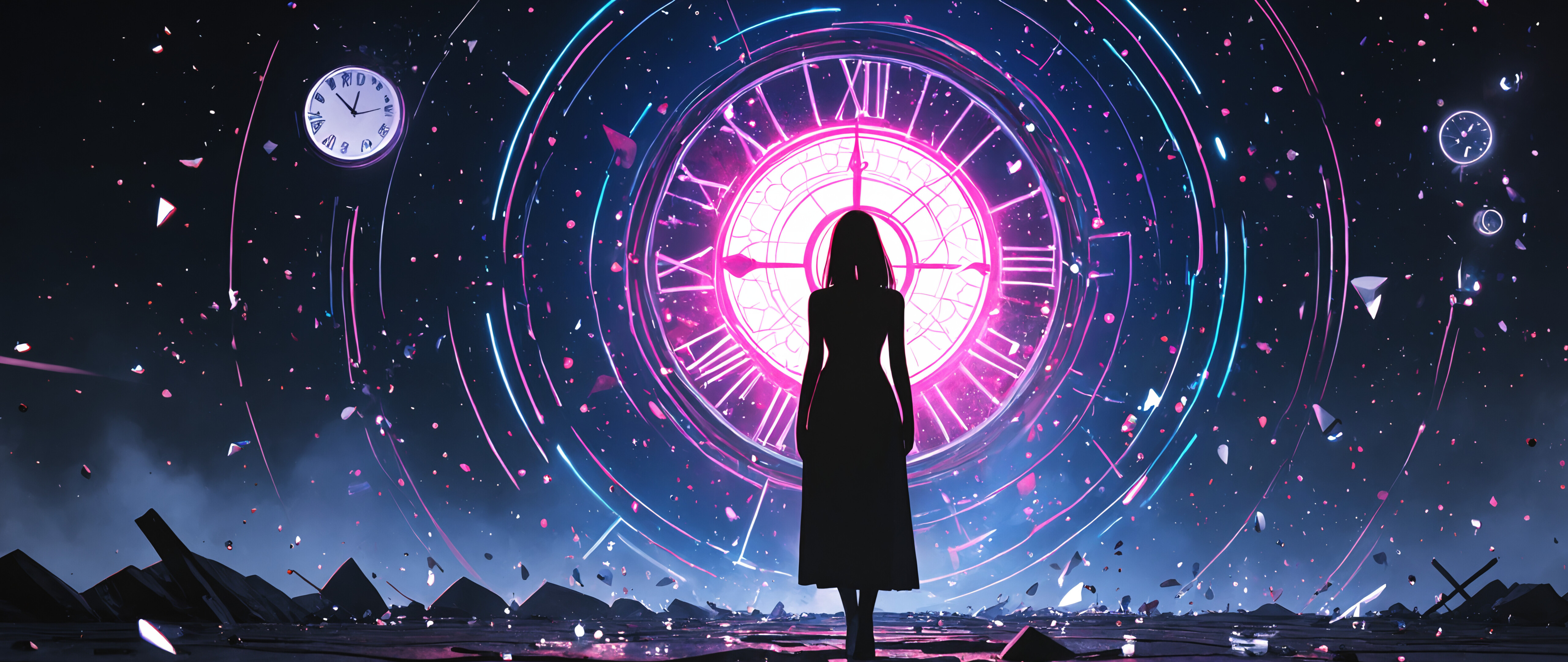 A silhouette of a woman in a long dress stands before a giant, glowing golden clock that is cracked and shattering. Floating rocks and glowing particles surround them in a dark, surreal environment.