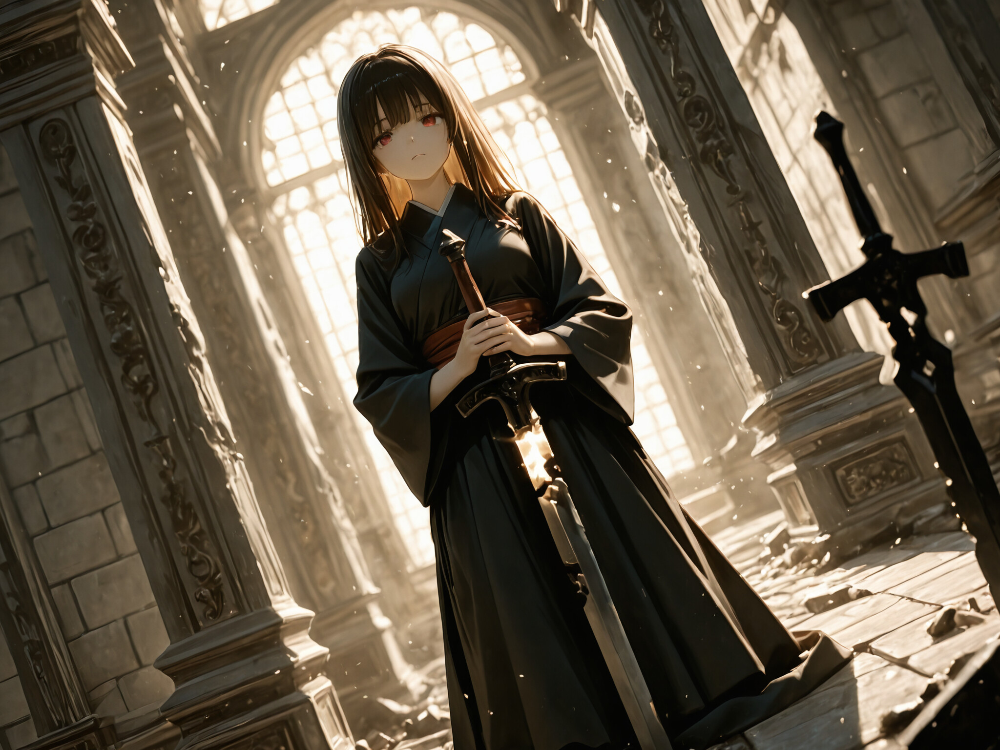 An anime-style female warrior with long white hair and red eyes stands in a destroyed gothic cathedral. She wears black armor and a red skirt, holding a large sword point-down amidst rubble and broken swords.