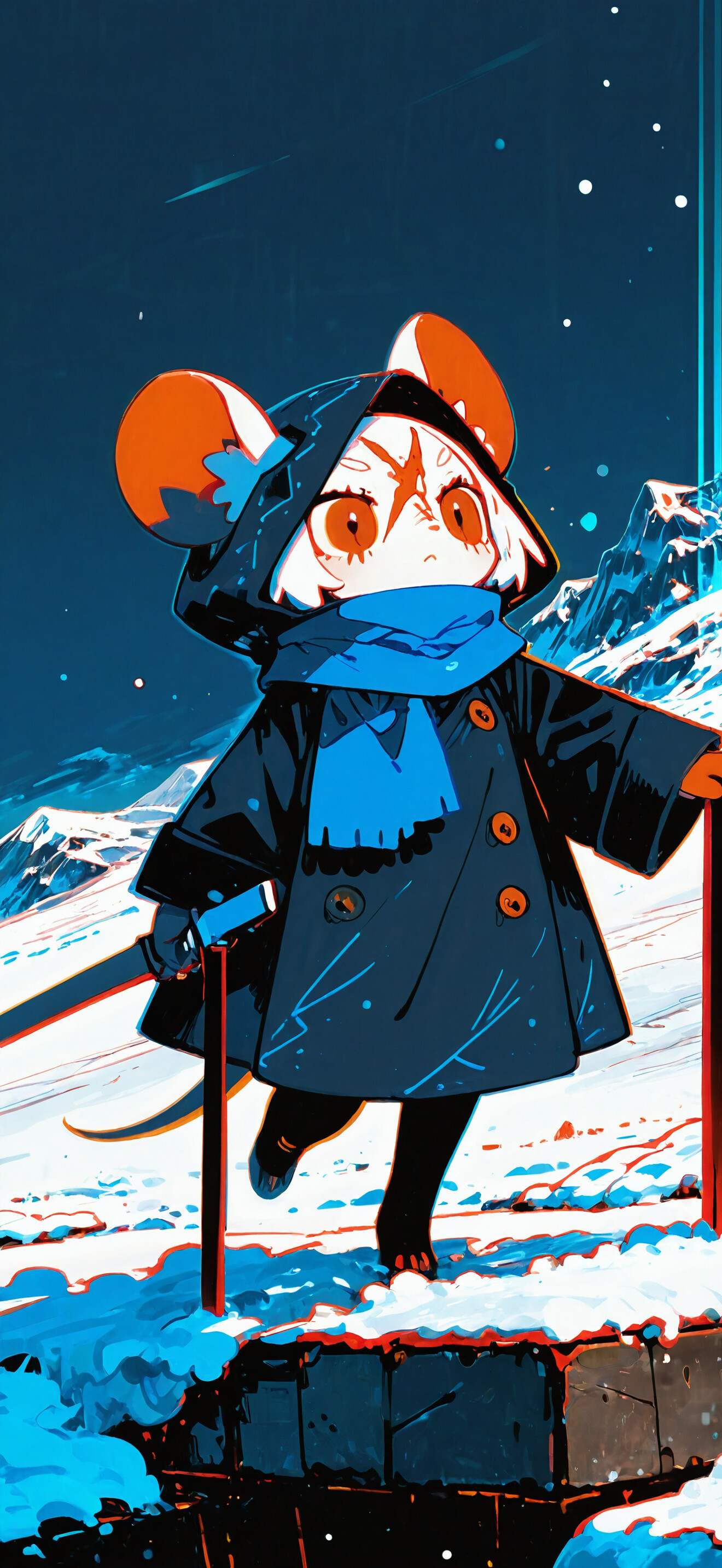 An anime-style illustration of a small mouse girl with white hair, orange eyes, and a blue scarf, holding a glowing sword in a dark, snowy environment at night.