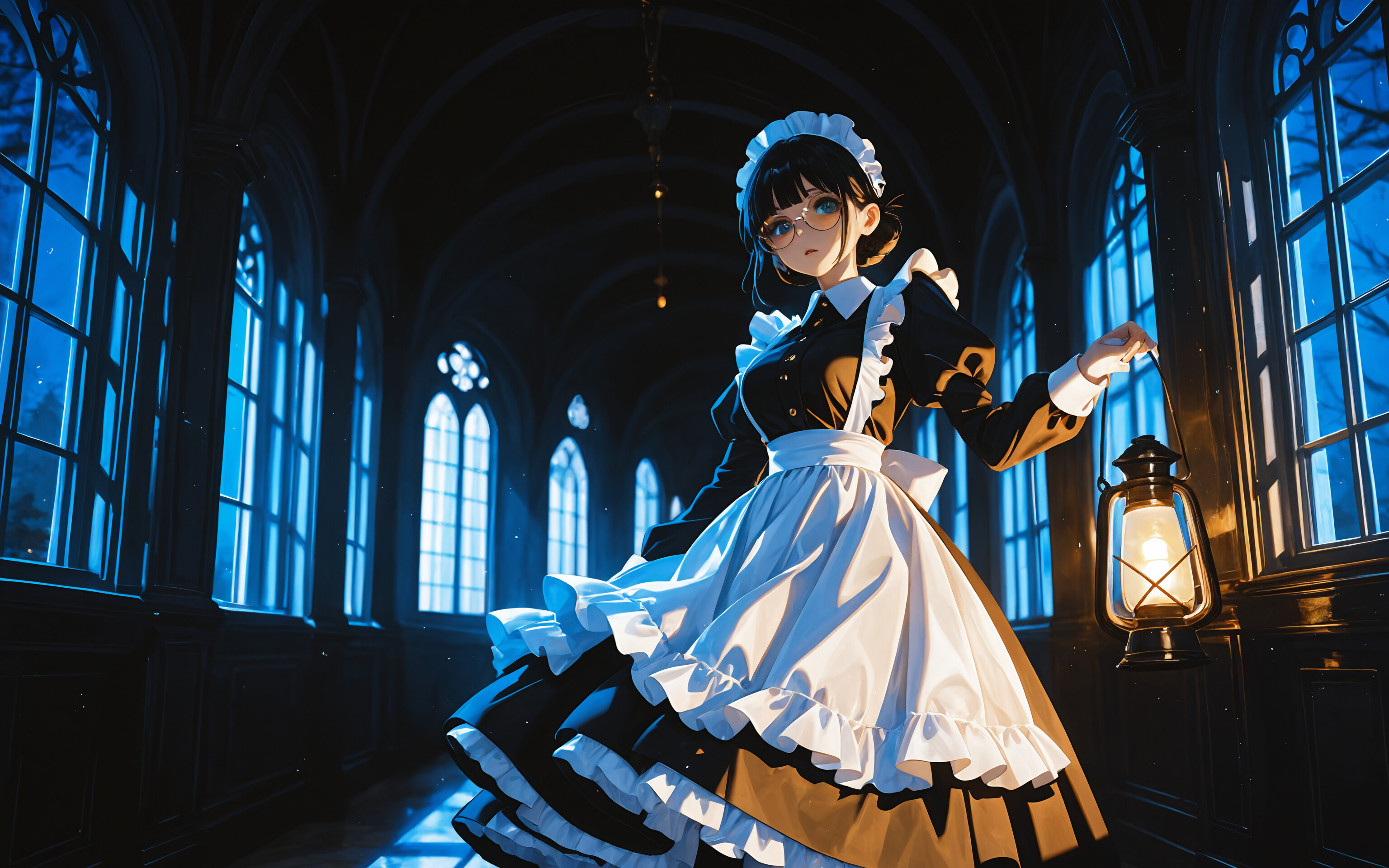 An anime-style illustration of a maid with black hair and glasses, holding a lantern while standing in a long, dark, gothic-style hallway with light streaming through arched windows.