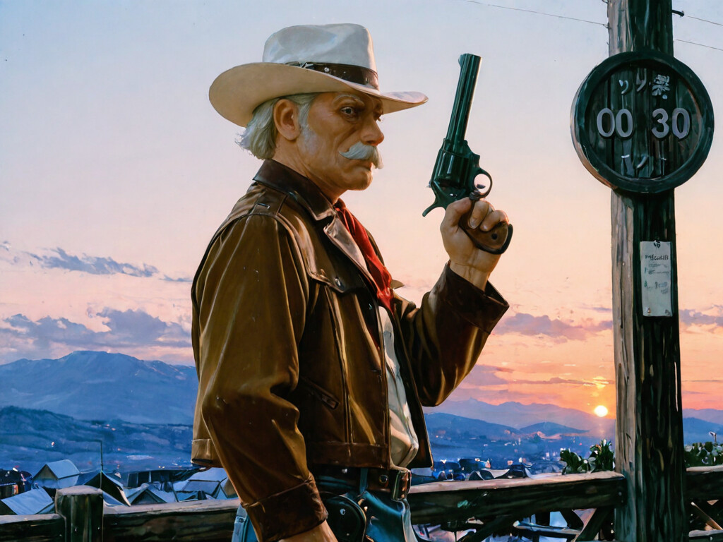 A detailed illustration of an elderly cowboy with white hair and a large mustache, wearing a white hat and brown leather jacket, looking back over his shoulder at sunset in a Western town.