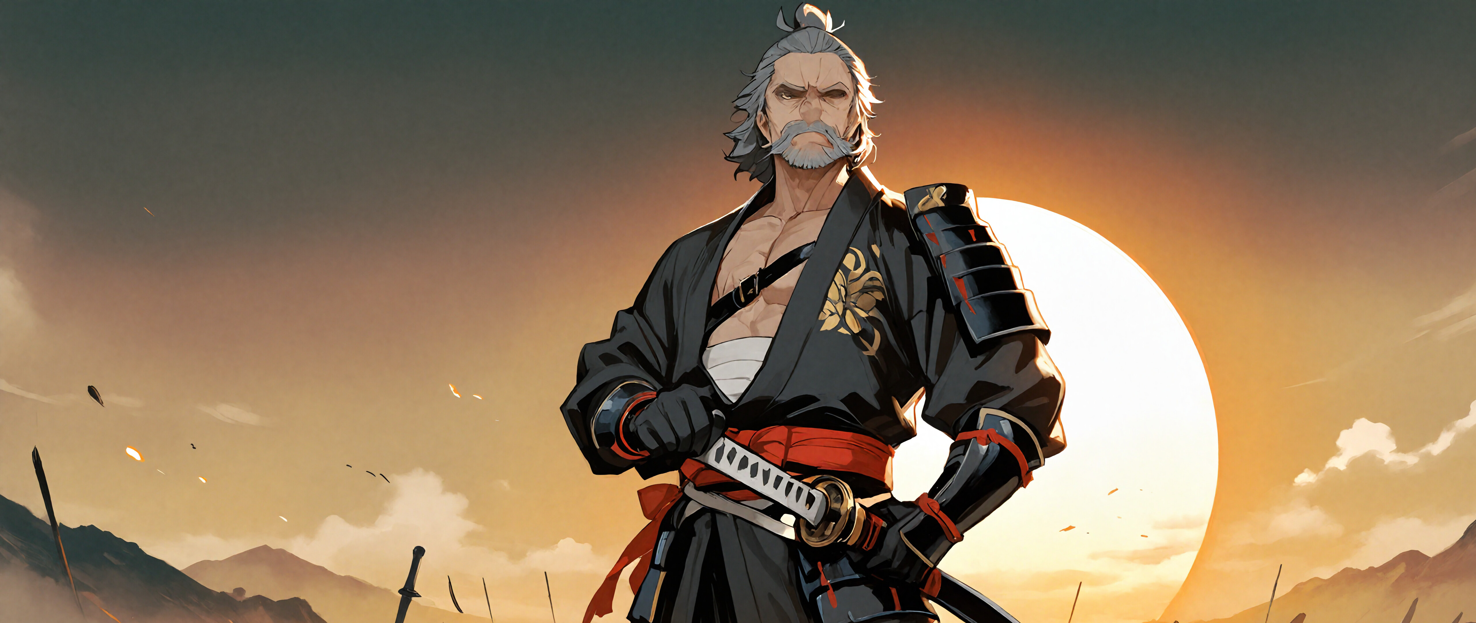 An anime-style illustration of an elderly, muscular samurai with grey hair and a beard, wearing a black kimono and partial armor, standing confidently on a battlefield at sunrise.
