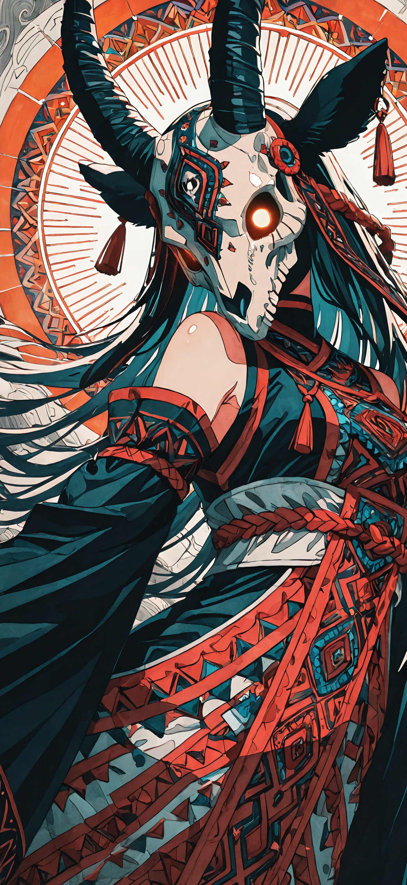A fantasy illustration of a woman with dark skin wearing an elaborate goat skull mask with glowing orange eyes and large horns. She is dressed in intricate orange and white traditional-style clothing, standing before a large orange and black circular symbol.