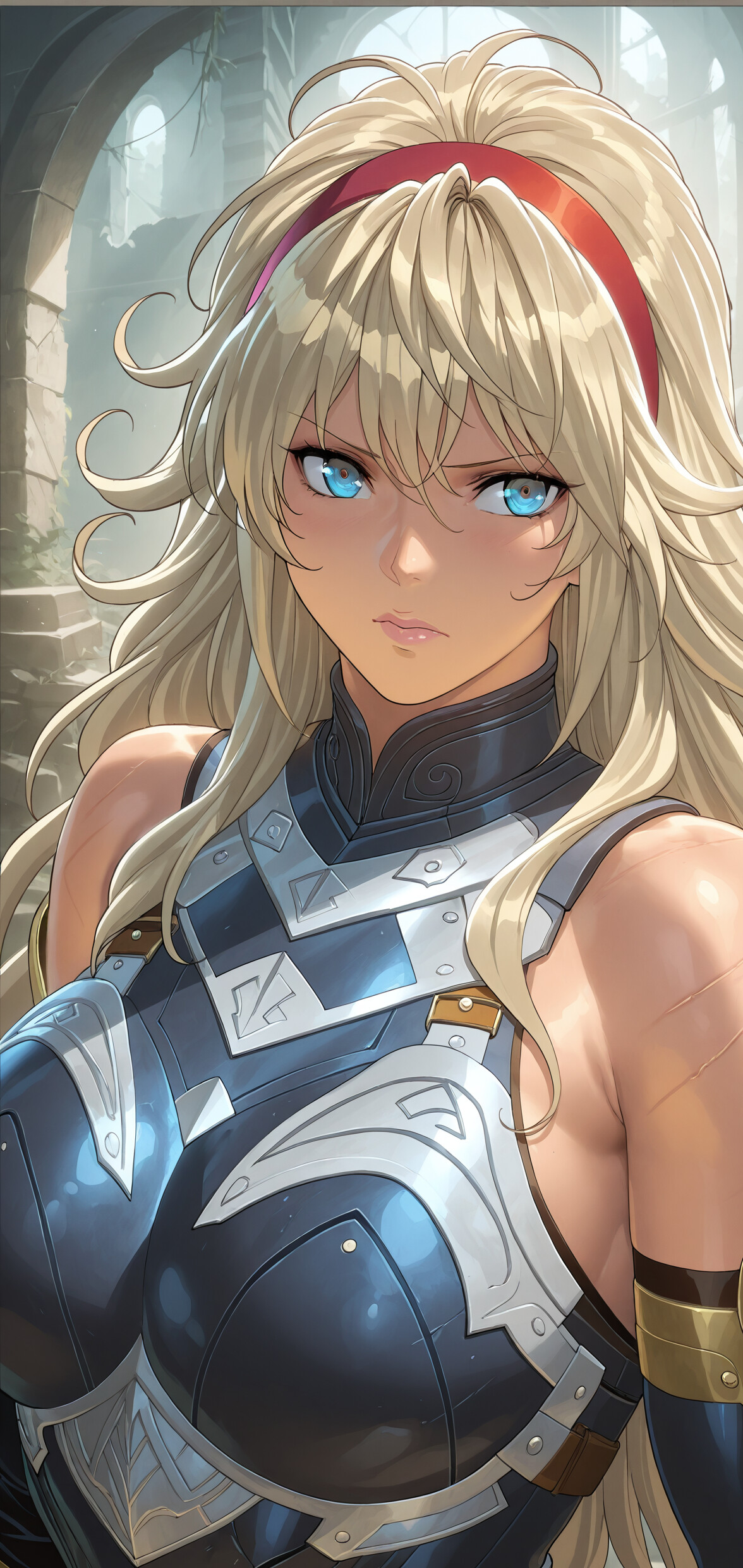 A close-up portrait of a blonde female knight with intense blue eyes, a red headband, and scars on her shoulders. She is wearing dark, polished steel armor and stands in front of stone ruins.