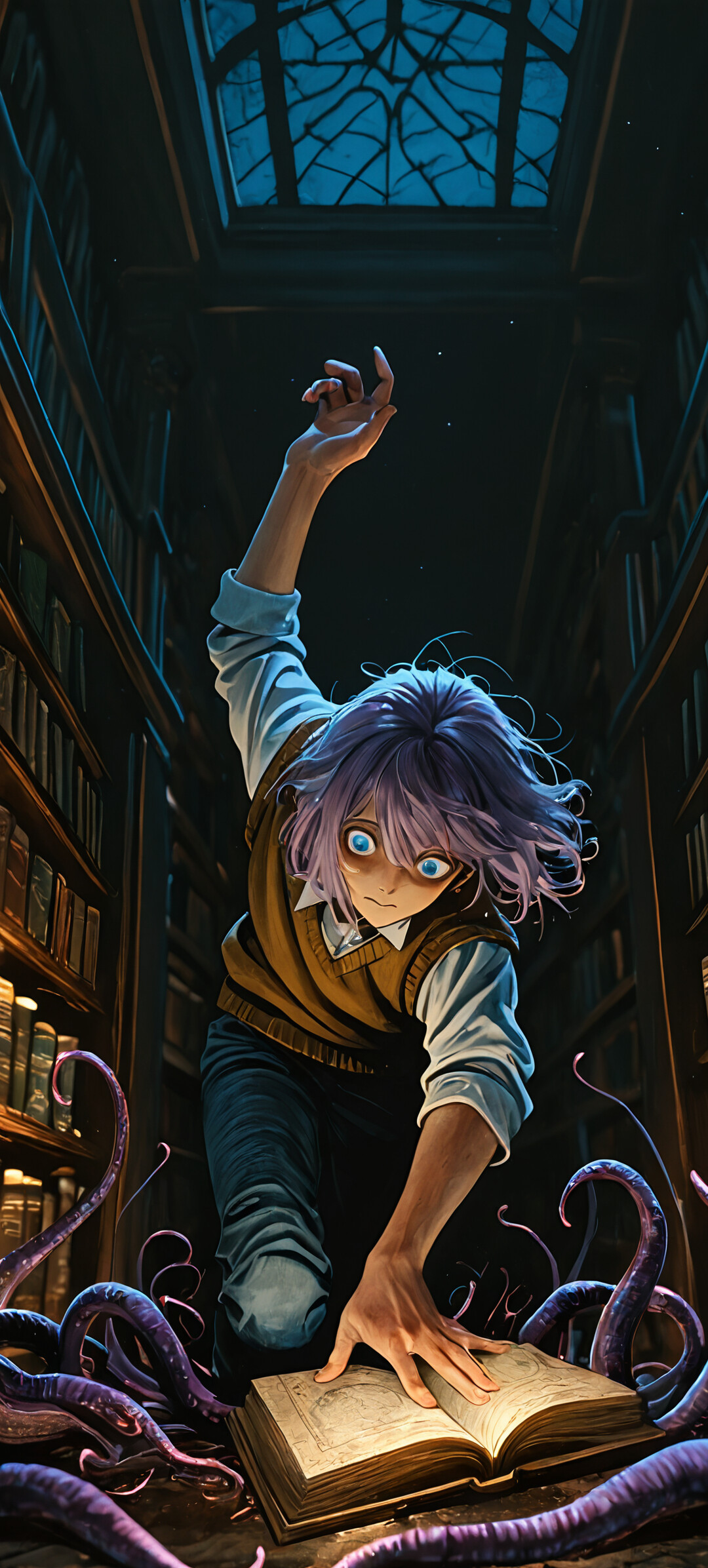 An anime-style illustration of a young man with lavender hair in a dark library, looking up in terror as red and black tentacles emerge from the shadows behind him. He has one hand on a large, open, ancient book on a table.