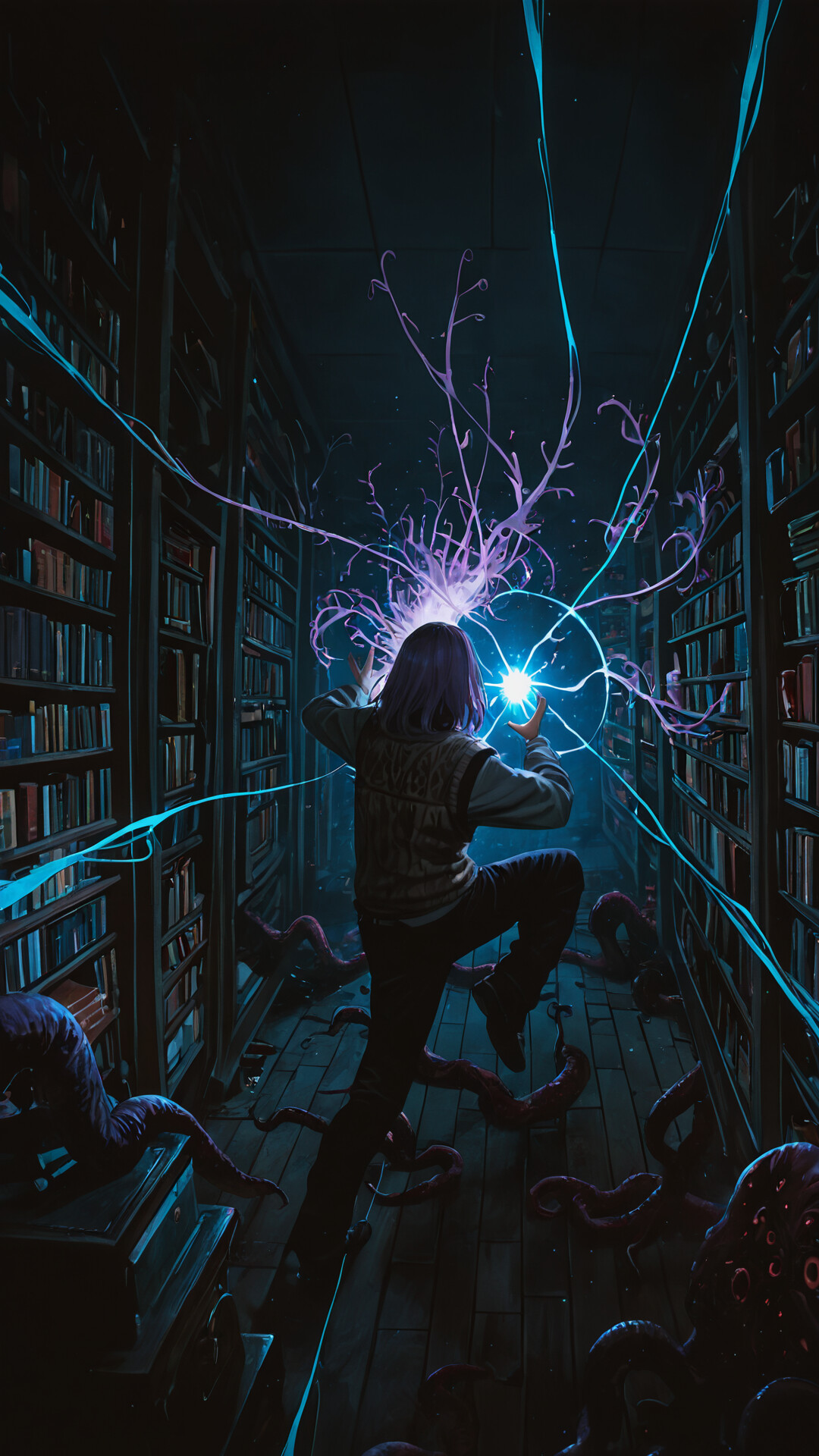 An anime-style illustration of a young man with purple hair and glowing blue eyes in a dark library, holding a glowing book while being attacked by large purple tentacles.