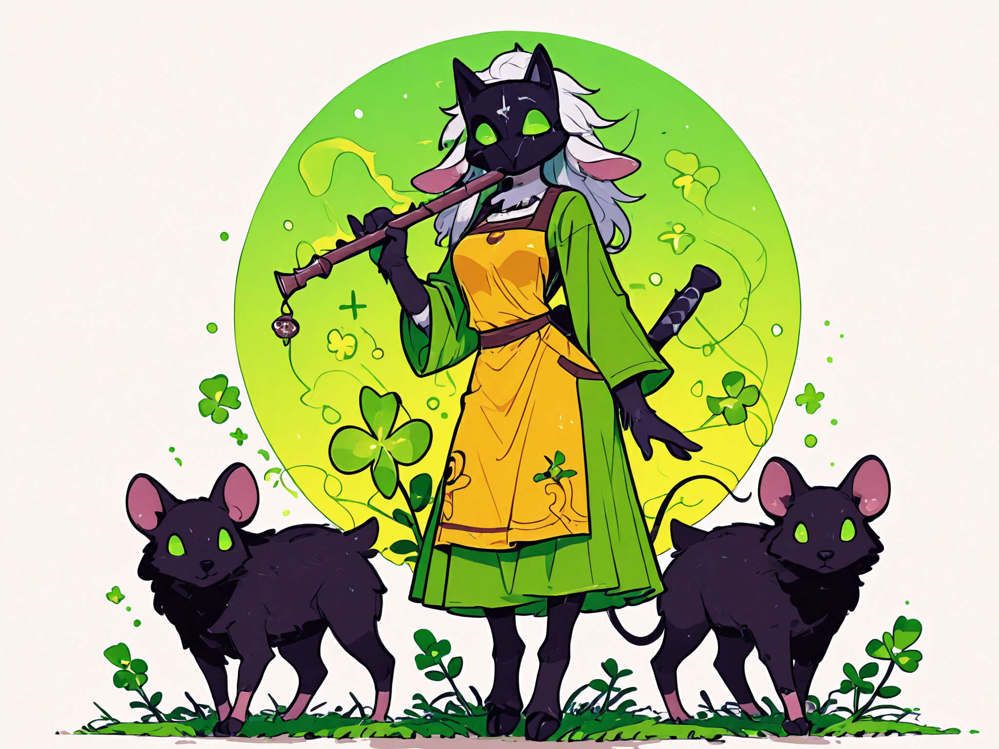 A full-body illustration of an anthropomorphic lamb character inspired by Kindred from League of Legends. She wears a black mask, a green robe, and a yellow apron with shamrocks. She is playing a flute and holding a ball of green magic, with two white mice at her hooved feet.