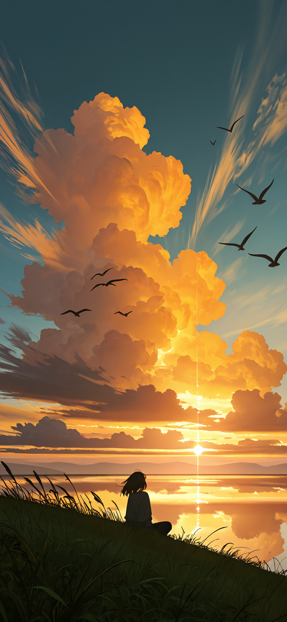 An anime-style illustration of a young girl standing on a grassy hill, looking out at a stunning golden sunset over a vast landscape. A thin, vertical line of light comes down from the sky, and a remote control rests in the grass nearby.