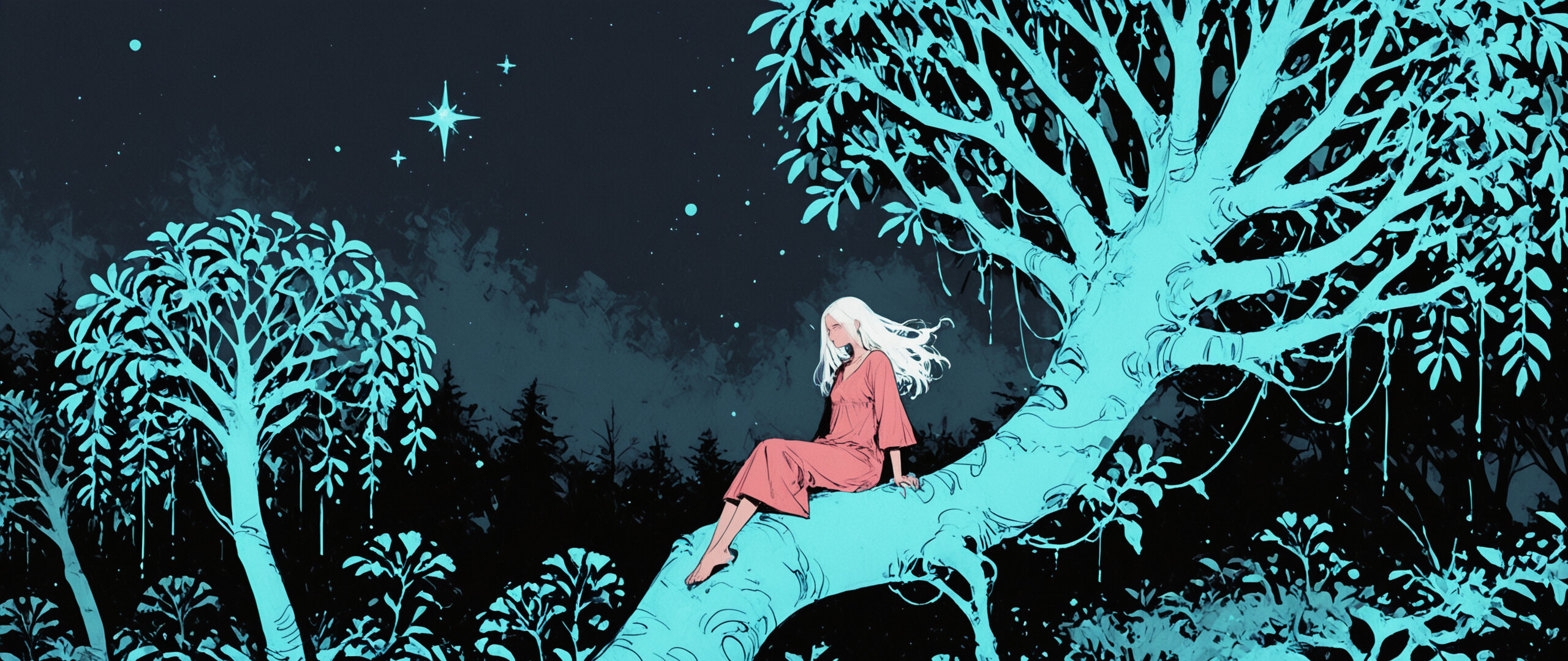 A fantasy illustration of a girl with long white hair in a blue dress, sitting on a giant, glowing spherical net in a treetop. The net has captured stars from the night sky, which is visible above a dark forest.