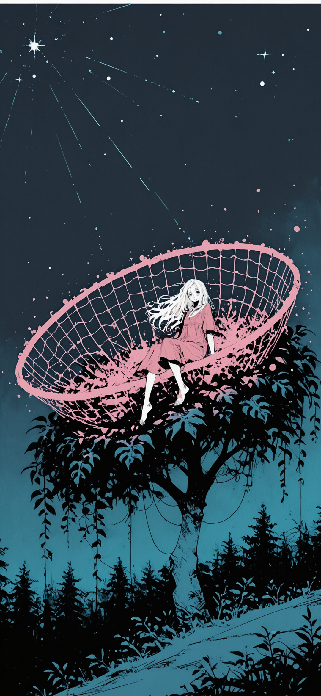 A fantasy illustration of a girl with long white hair in a blue dress, sitting on a giant, glowing spherical net in a treetop. The net has captured stars from the night sky, which is visible above a dark forest.