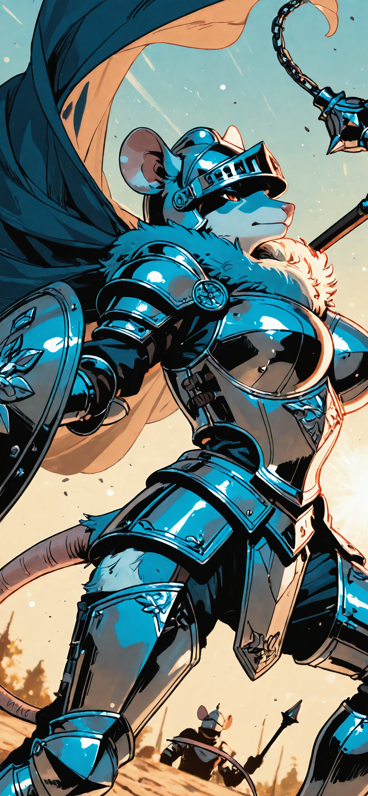 A digital illustration of a female anthropomorphic mouse warrior in full plate armor and a helmet, holding a mace with a red cape flowing behind her. She has a determined look on her face.