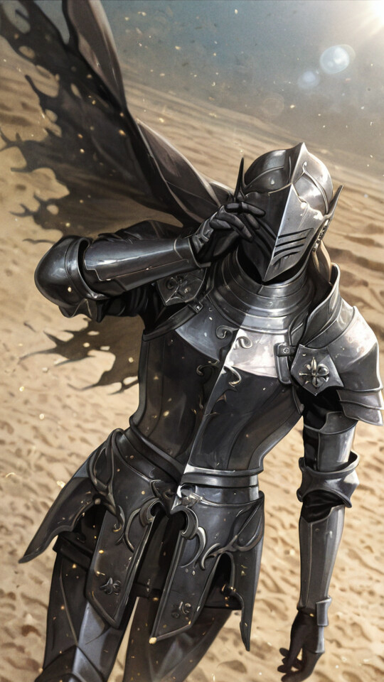 A knight in full metal armor stands in a desert, head bowed with one hand over their helmet in a pose of despair. The sun shines brightly above, and a silhouetted figure walks away in the background.