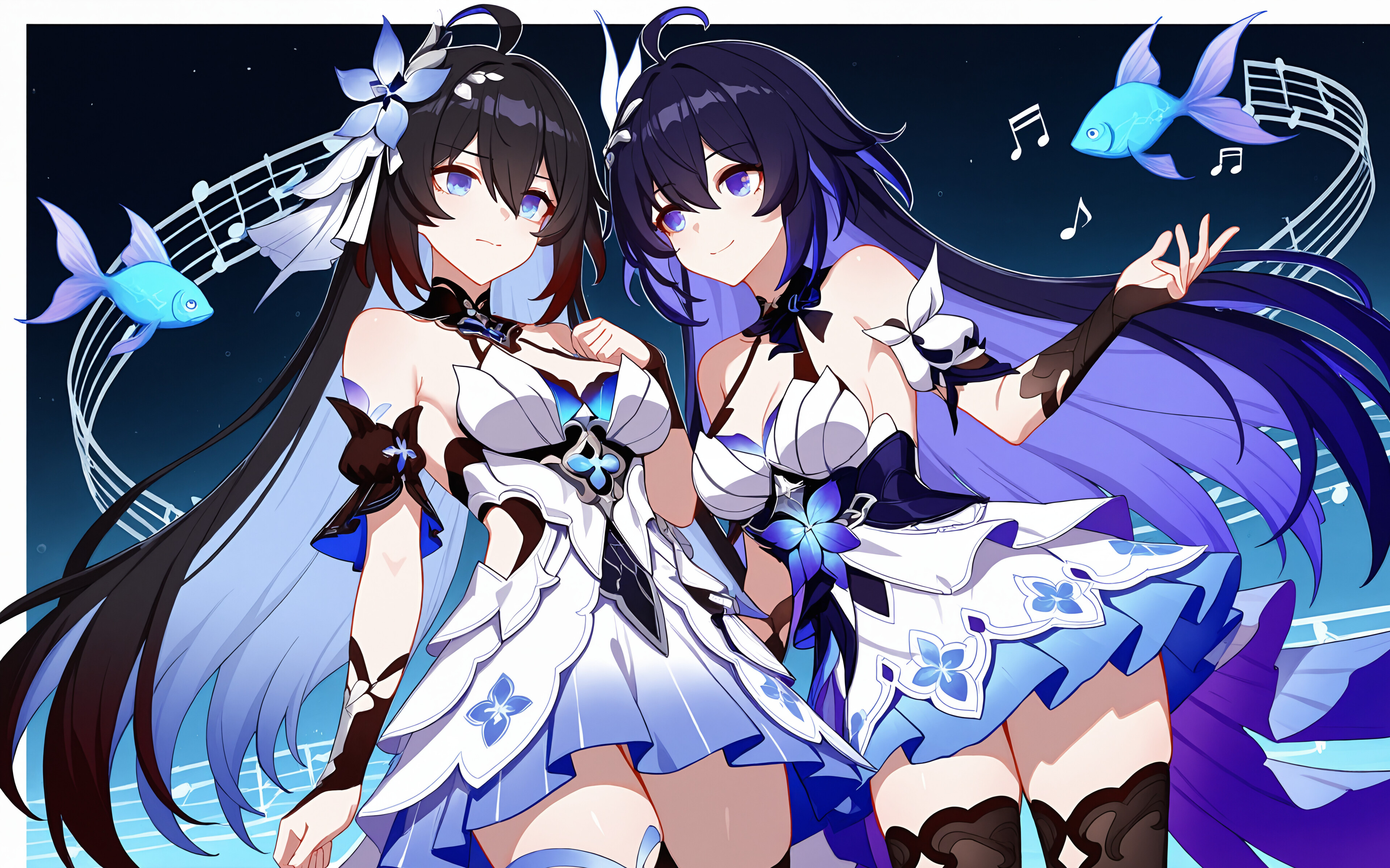 An artwork of three anime girls. The central character has long black and blue hair and wears an ornate white and blue dress. In the background are two other girls: one with long white hair and one with short dark blue hair.