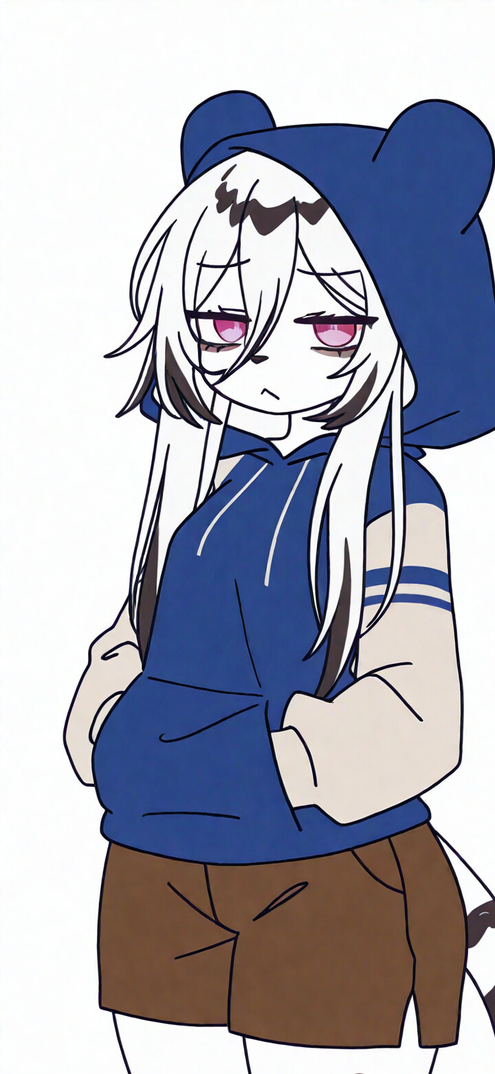 A full-body illustration of an anthropomorphic white tiger girl named Hannah. She has long white hair with black streaks, tired pink eyes, and is wearing a blue hoodie with bear ears and brown shorts. She stands with her hands in her pockets against a plain white background.
