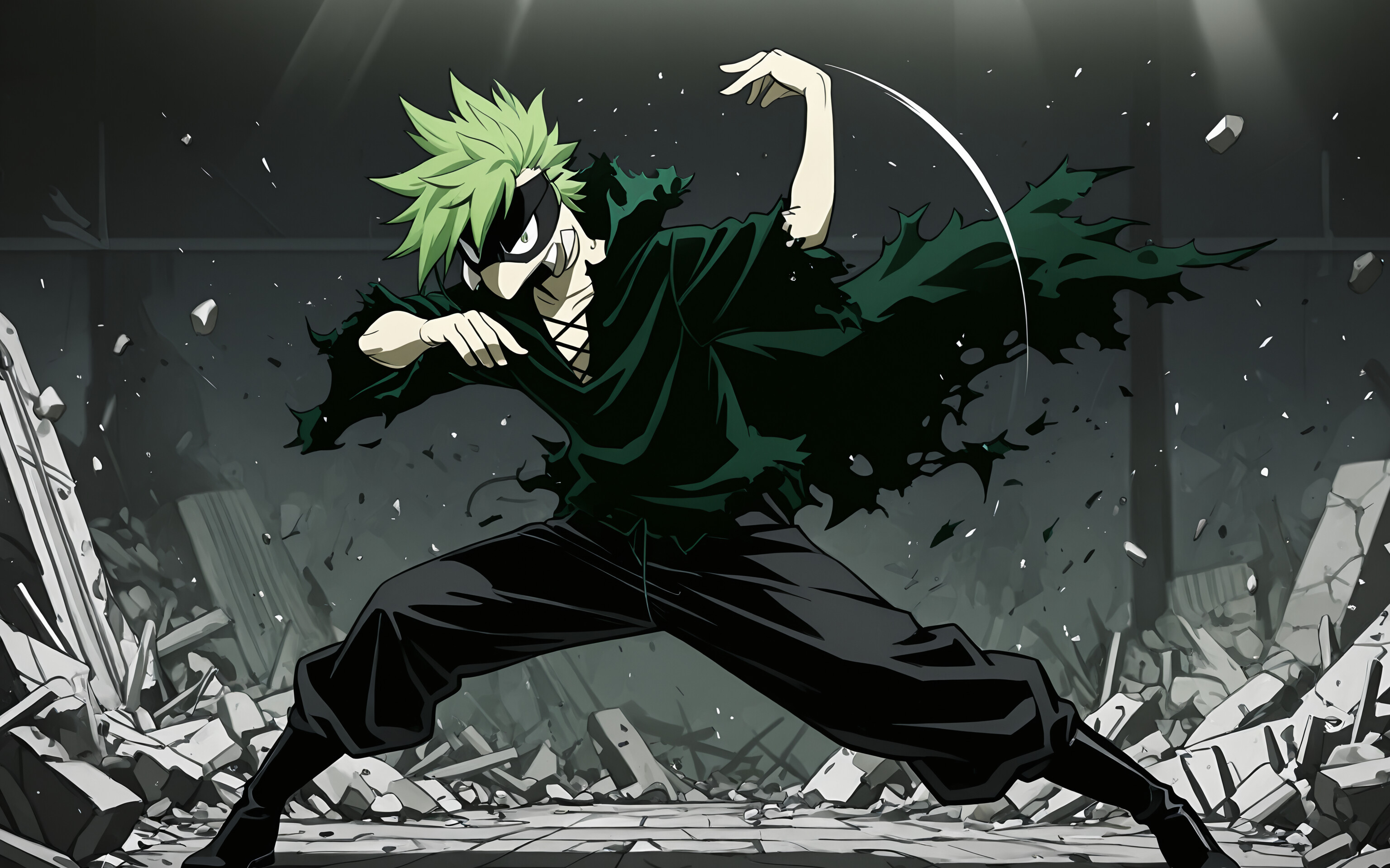A full-body illustration of Togaru Kamakiri, a young man with spiky green hair and a black eye mask, from My Hero Academia. He is in a fighting pose in the middle of a ruined city, wearing a tattered dark cloak and black boots.