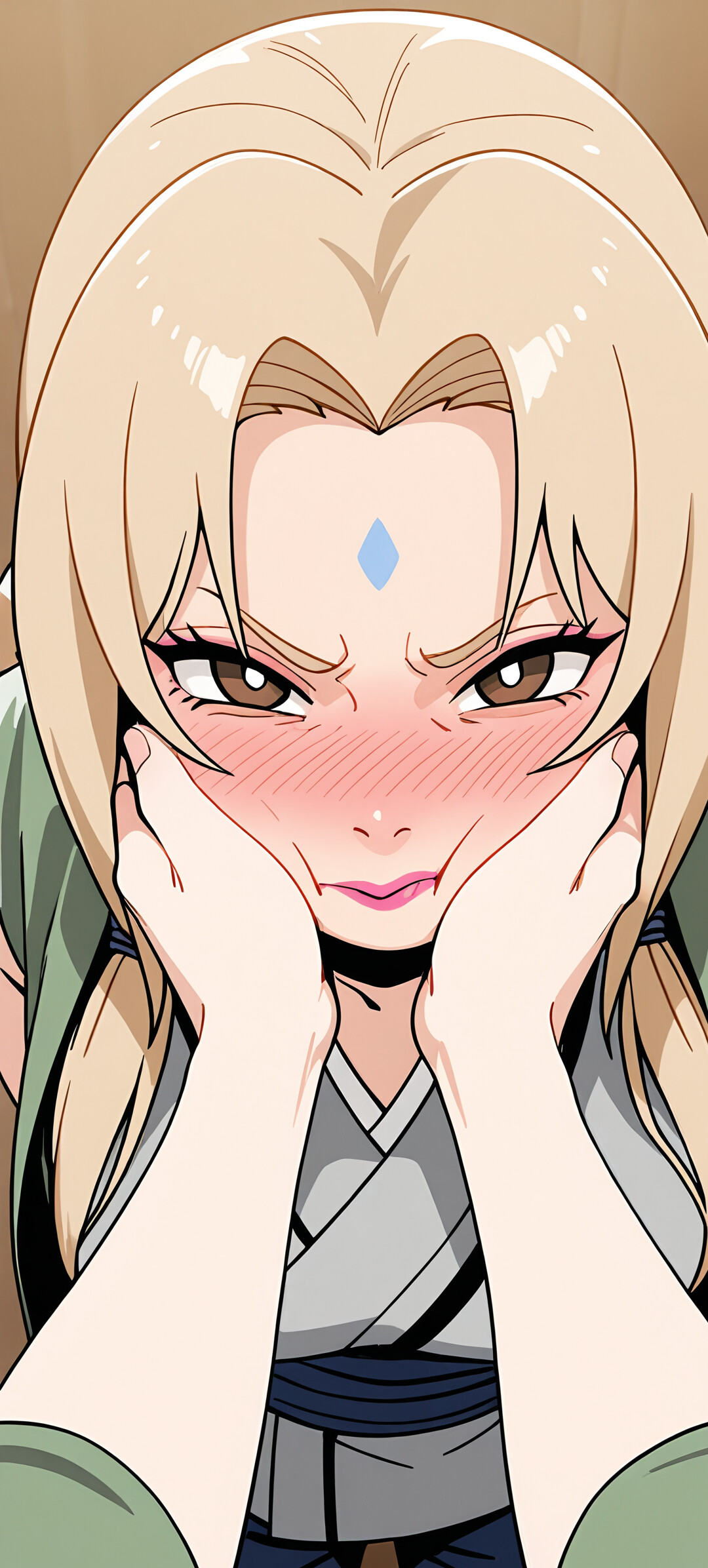 An anime illustration of Tsunade from Naruto having her cheeks squeezed. She is blushing heavily with an angry, pouty expression on her face.