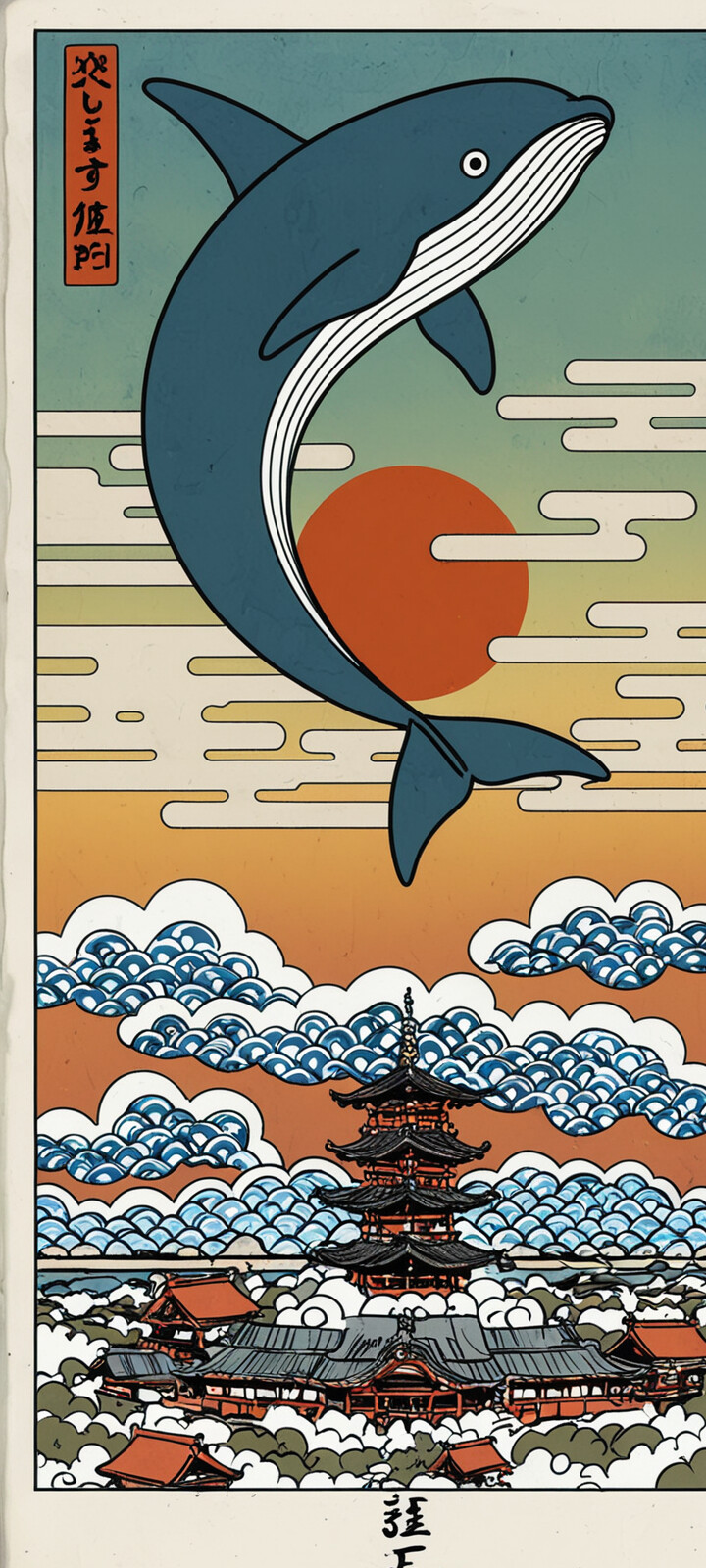 An illustration of a multi-story Japanese pagoda in the Ukiyo-e style, floating amidst a sea of stylized white clouds under a large orange sun.