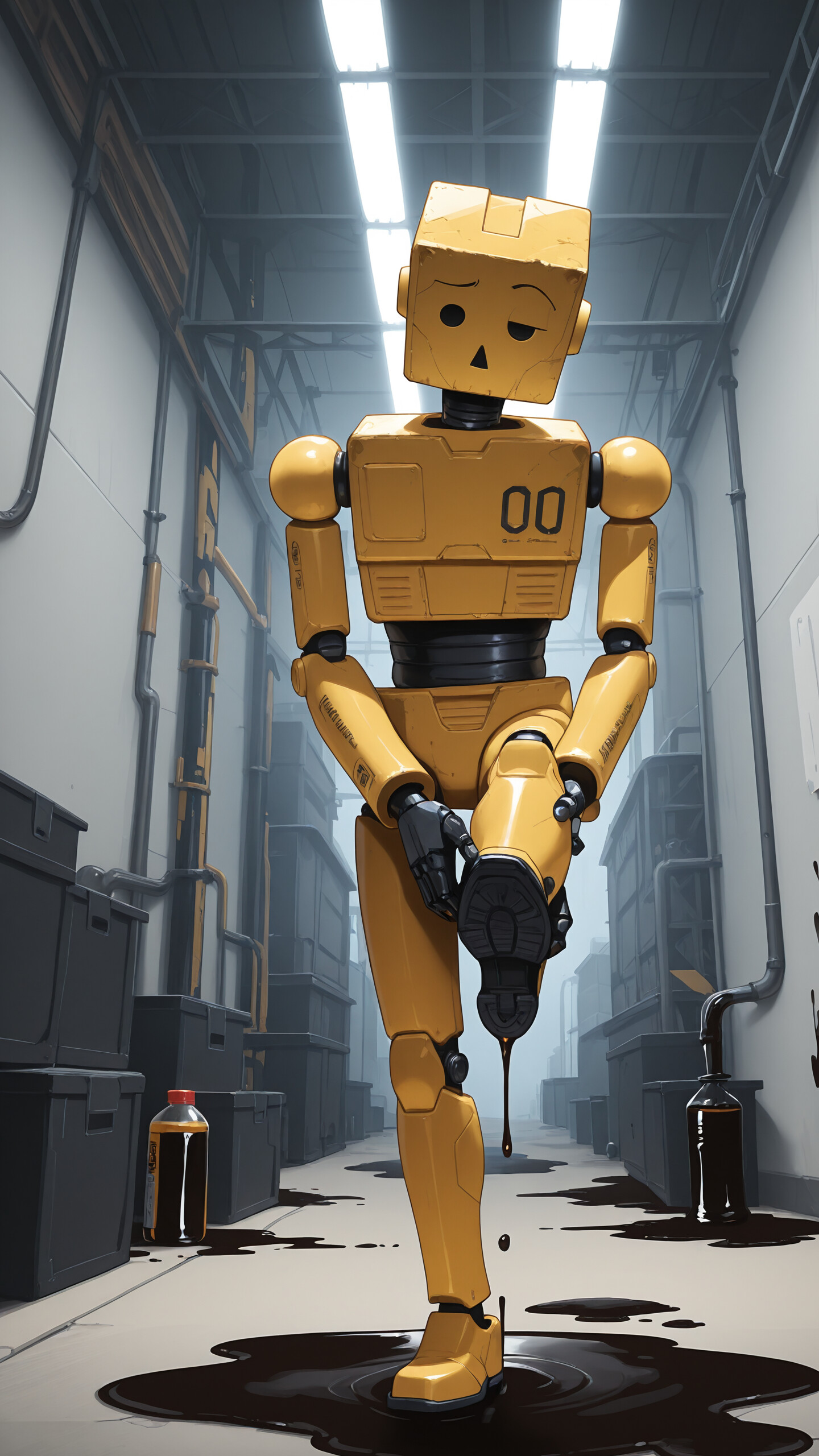 A sad-looking yellow and black robot with a square head stands in a factory, holding its foot as black oil leaks out and forms a puddle on the floor.