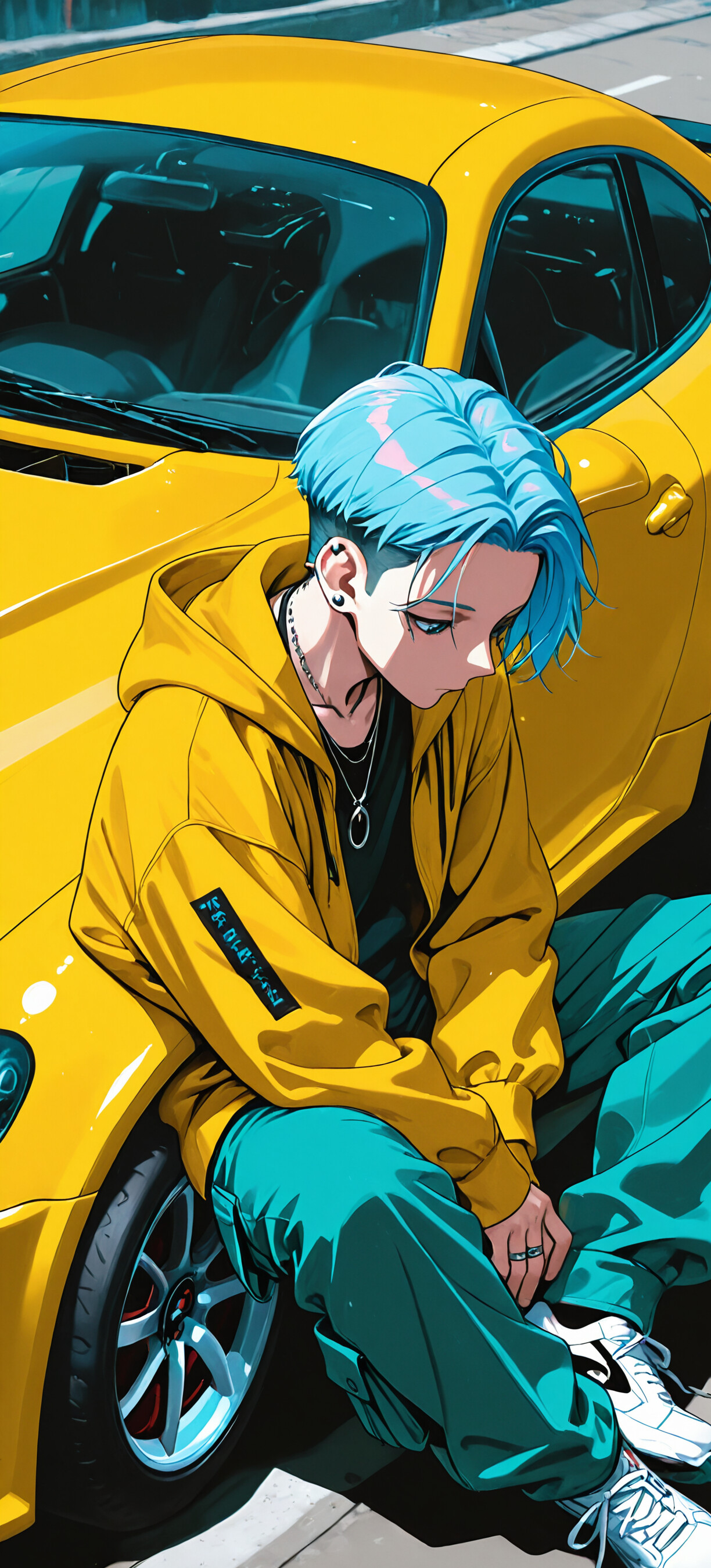 An anime-style illustration of a young man with blue hair and a yellow jacket sitting on the hood of a yellow sports car, looking down.