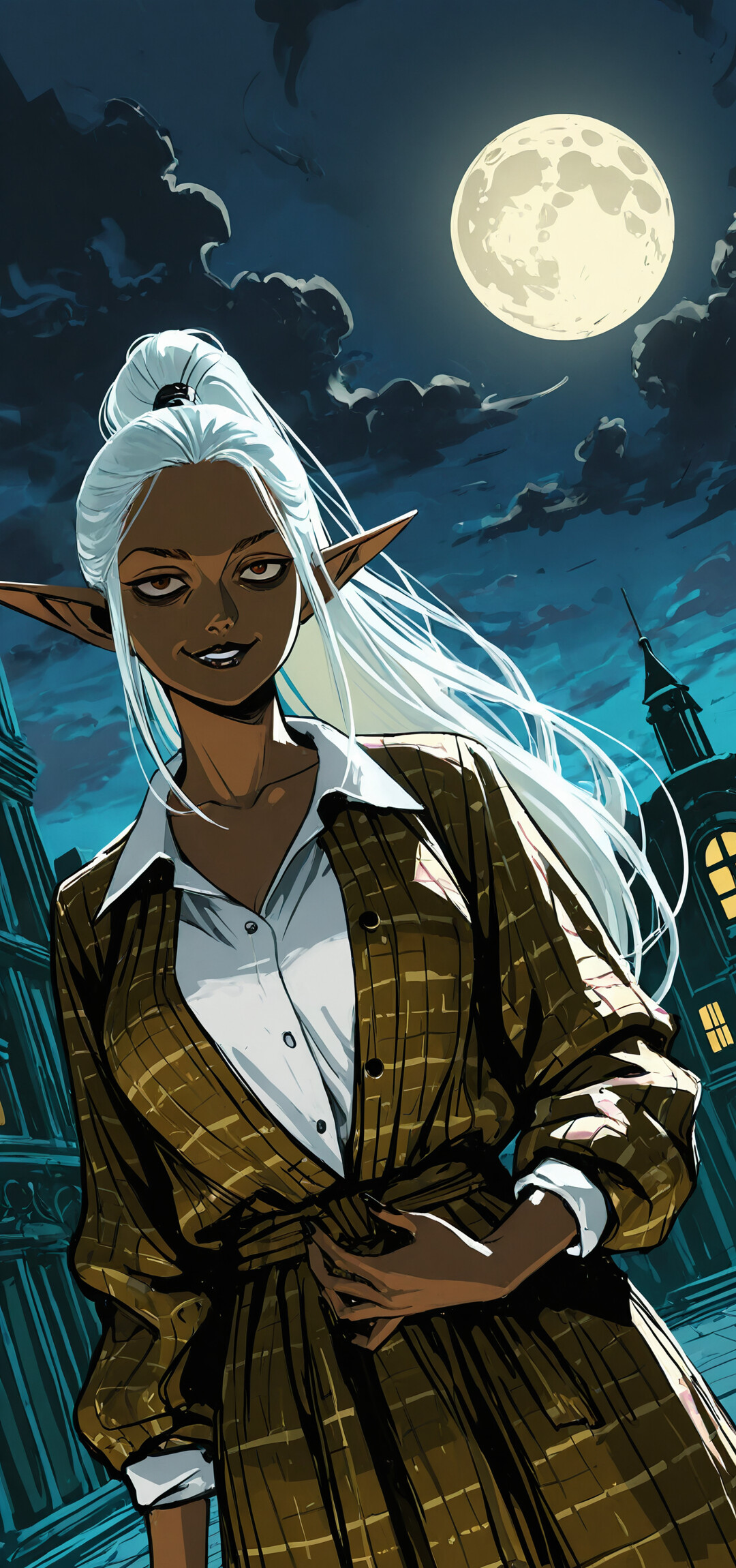 A digital illustration of a dark-skinned elf woman with white hair in a ponytail, smirking at the viewer. She wears a plaid jacket over a blue blouse and stands on a balcony at night, with a full moon and a dark city tower in the background.