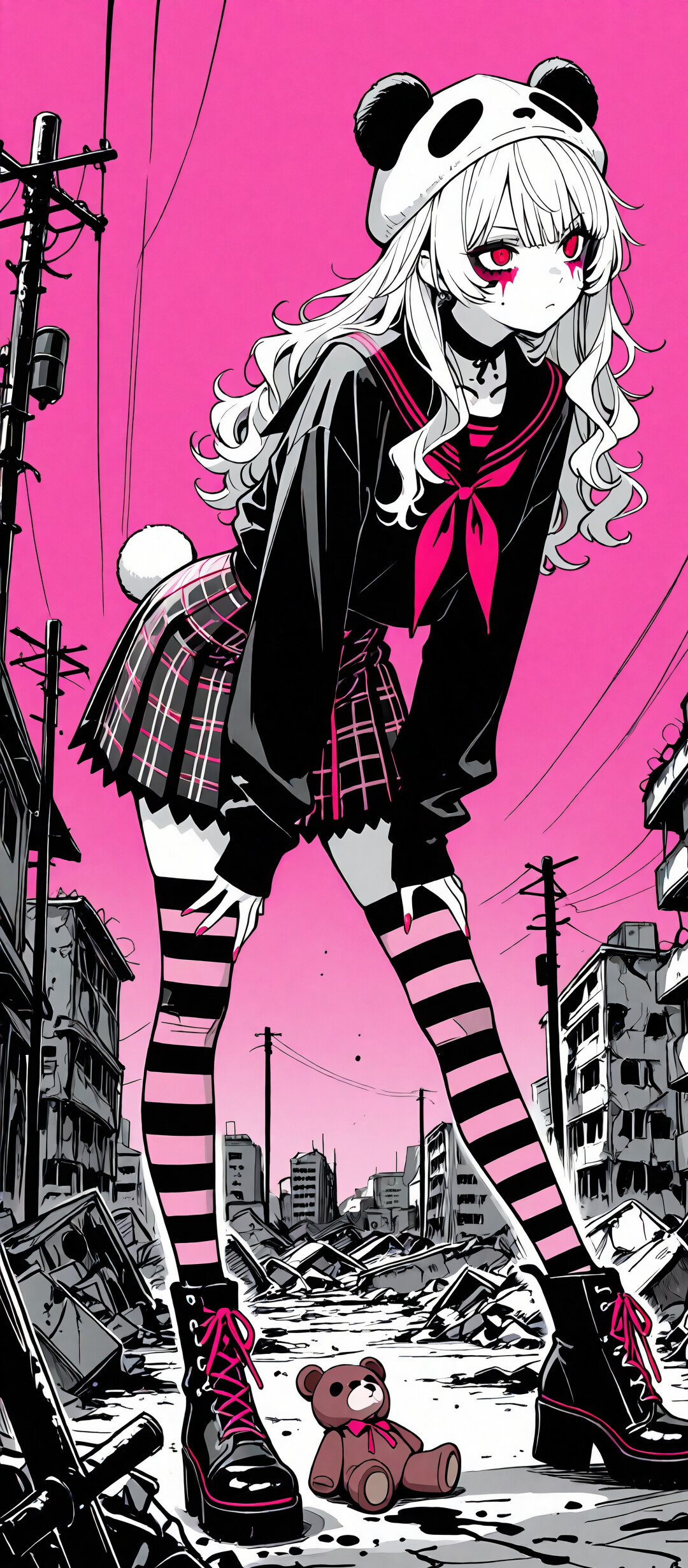 An anime-style illustration of the character MaiMai from Arknights, featuring long pink hair and a panda hat. She is crouching in a ruined, black-and-white city street under a solid hot pink sky.