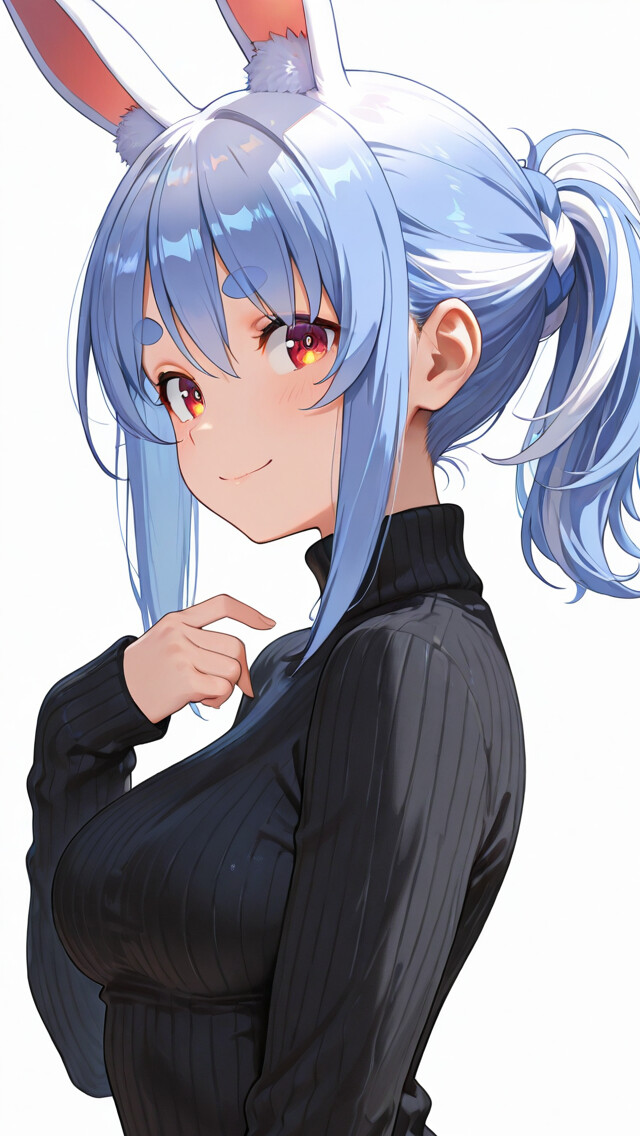 An anime illustration of Usada Pekora, a girl with light blue hair in a ponytail and white rabbit ears, smiling gently while wearing a black turtleneck sweater against a white background.