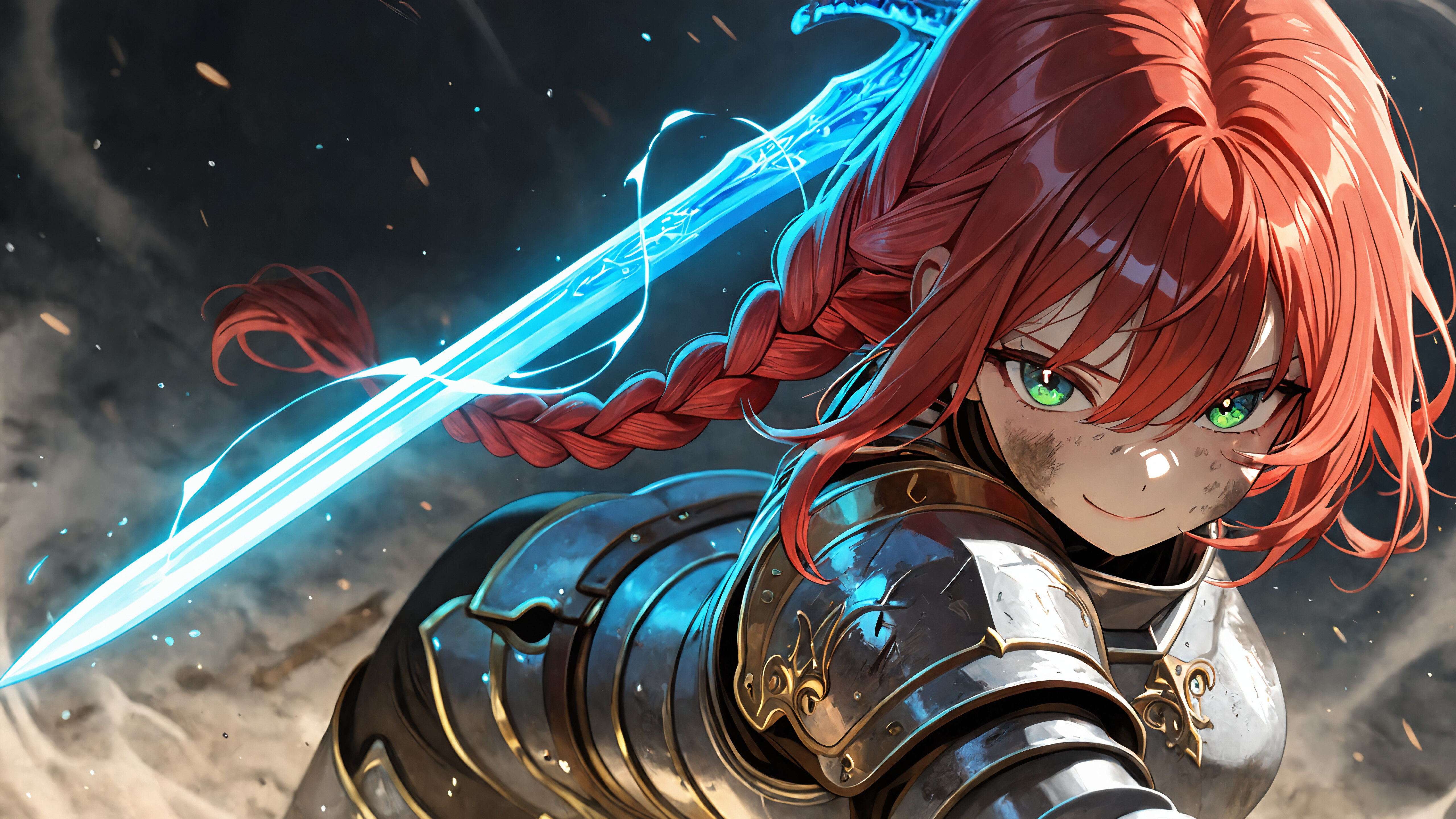 A young female knight with long, braided red hair and green eyes, smiling confidently. She is clad in ornate silver armor and holds a large, glowing blue sword in a vertical pose.